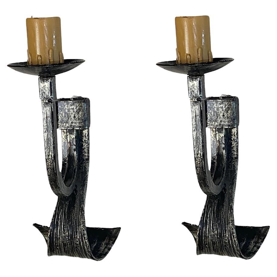 Pair of Hammered wrought Iron French Castle  Sconces Silver Color 20th Century For Sale