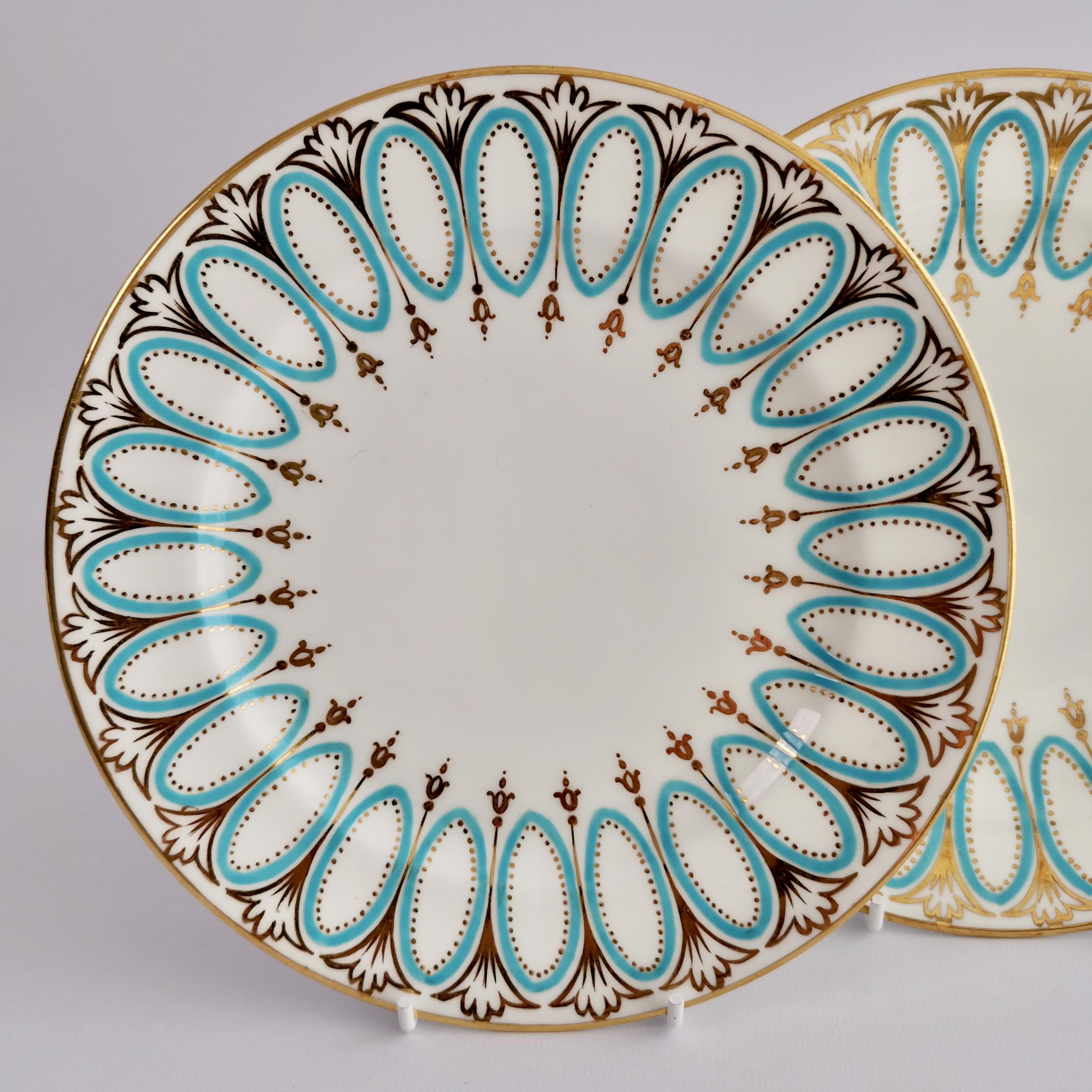 English Pair of Hammersley Tea Plates, White, Gilt and Turquoise, Edwardian Early 20th C