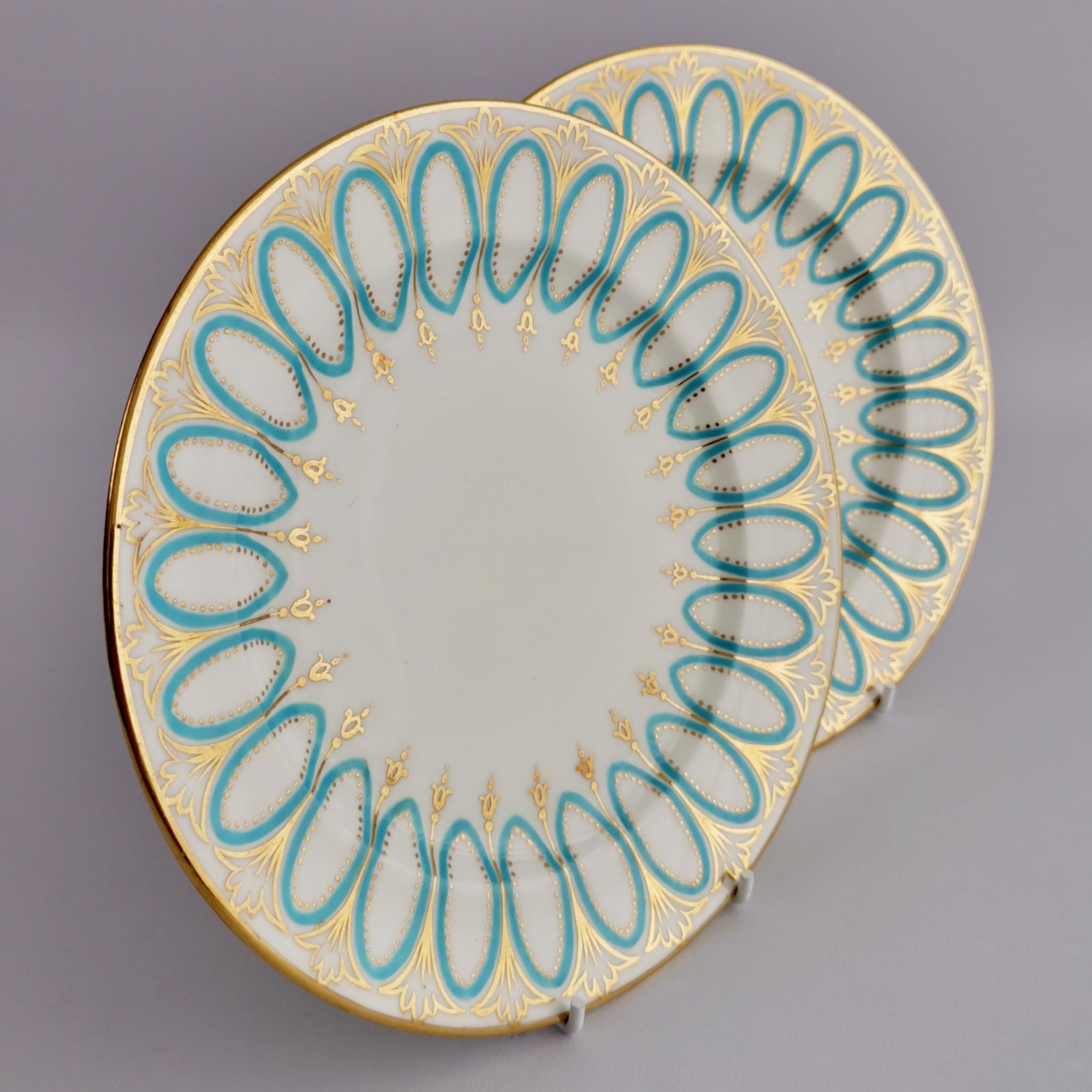 Porcelain Pair of Hammersley Tea Plates, White, Gilt and Turquoise, Edwardian Early 20th C