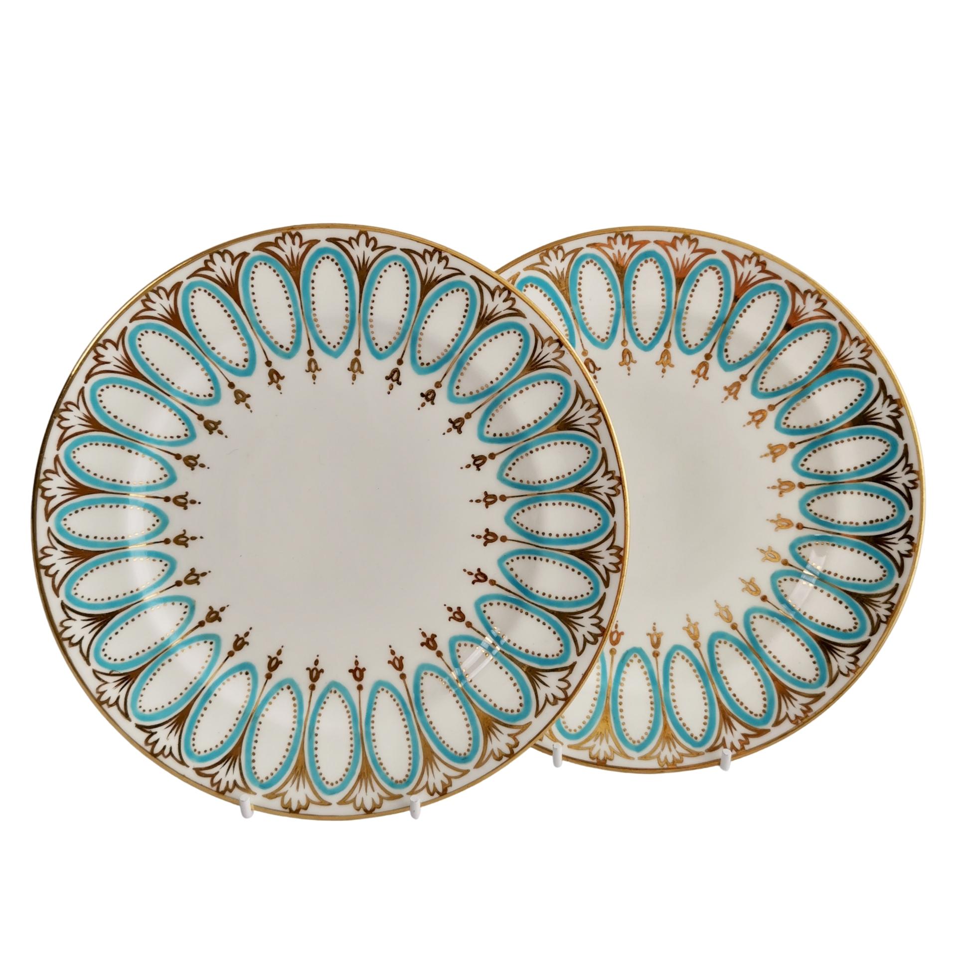Pair of Hammersley Tea Plates, White, Gilt and Turquoise, Edwardian Early 20th C