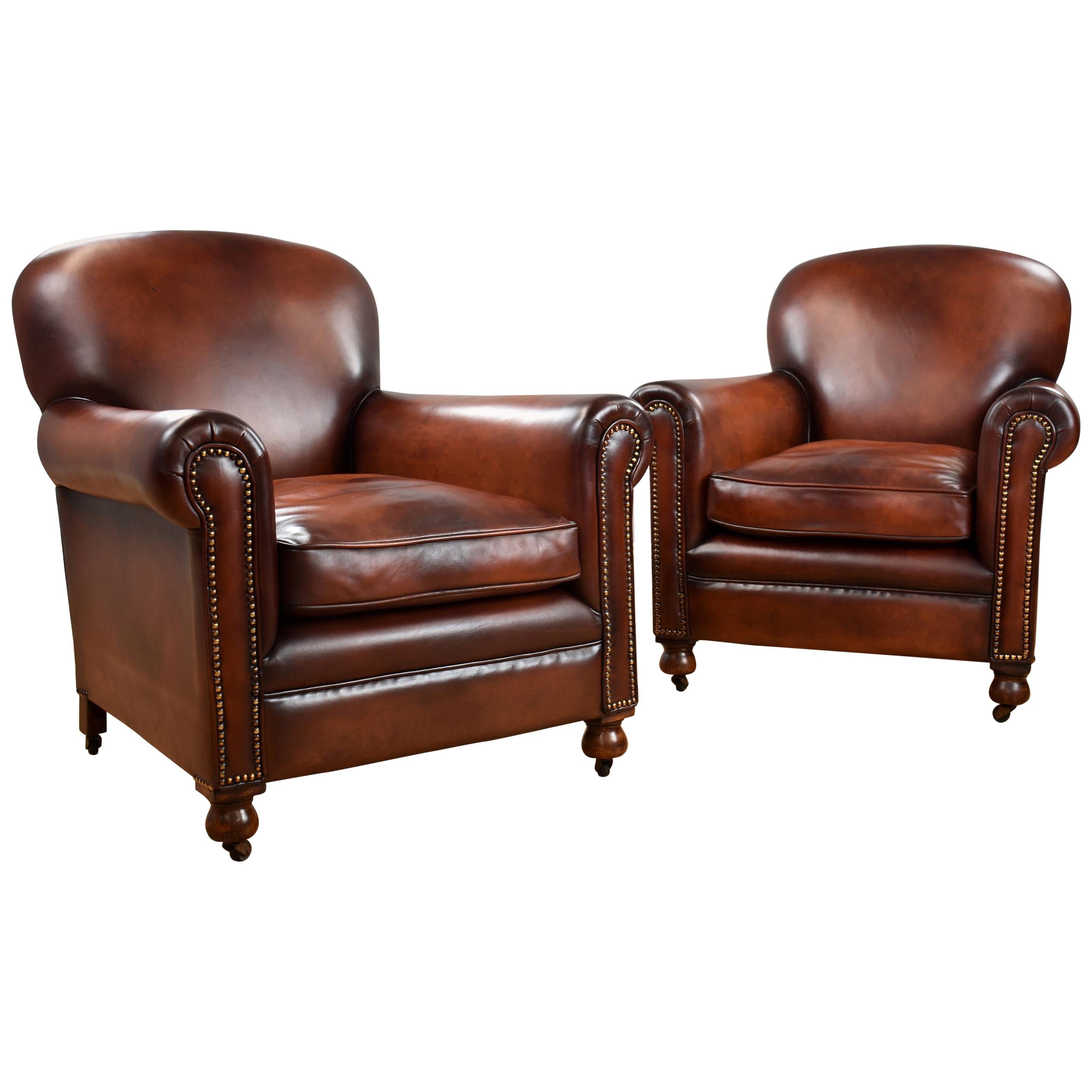 Pair of Han Dyed Honey Brown Leather Armchairs