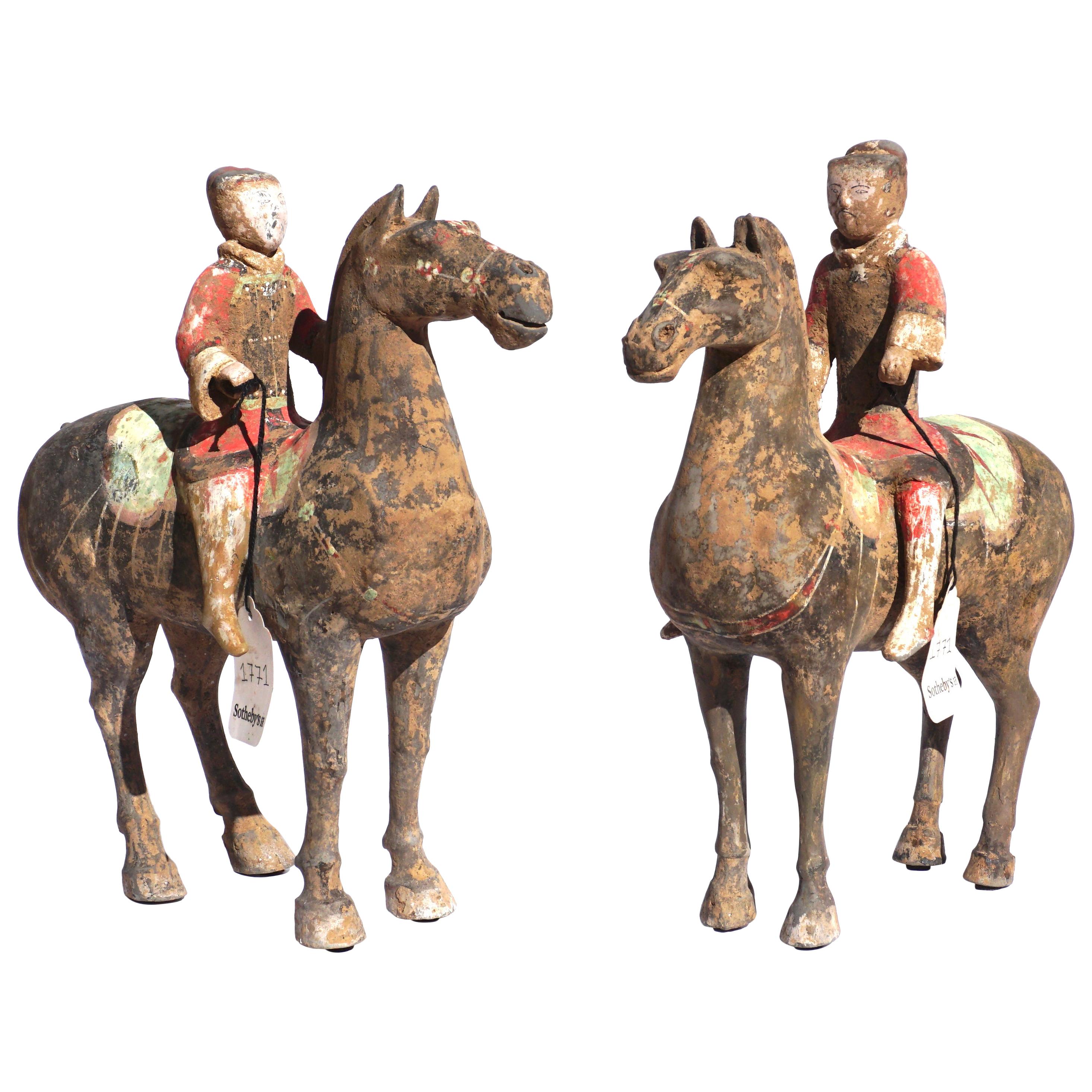 Pair of Han Dynasty Pottery Horses and Equestrian Riders For Sale