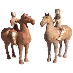 Pair of Han Dynasty Pottery Horses and Equestrian Riders
