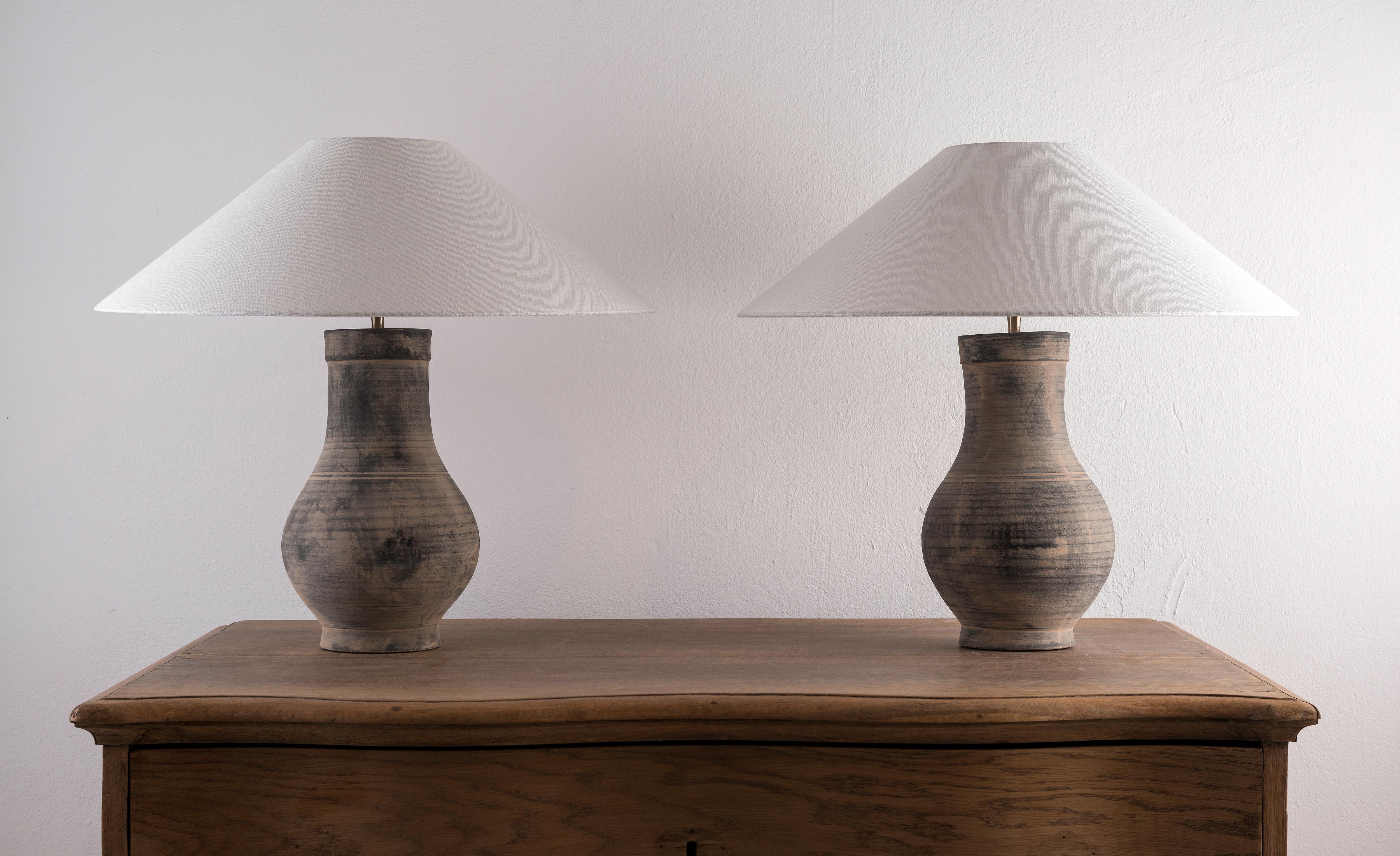 Chinese Pair of Han Style Lamp with Handmade Belgian Linen Shades