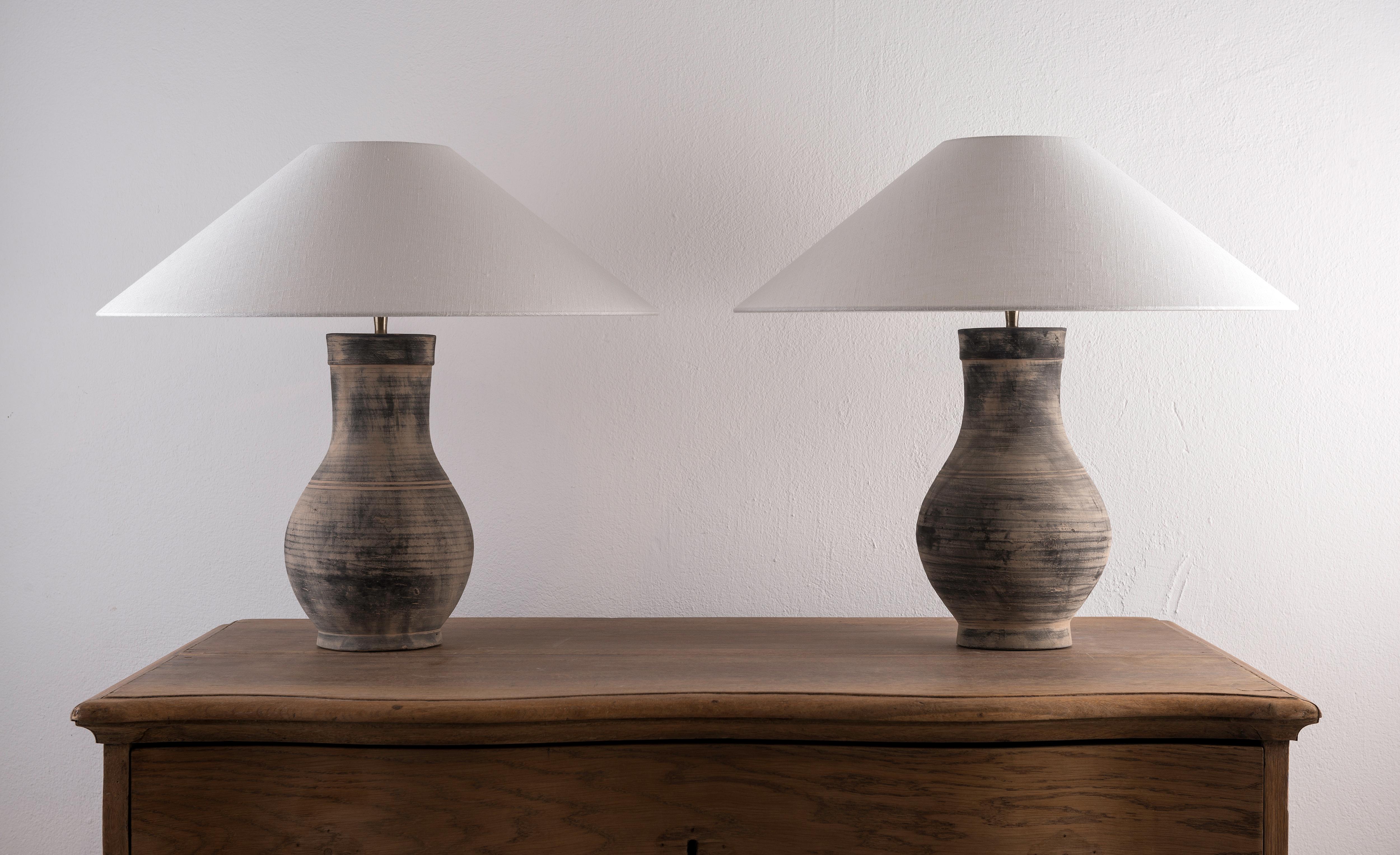 Chinese Pair of Han Style Lamp with Handmade Belgian Linen Shades