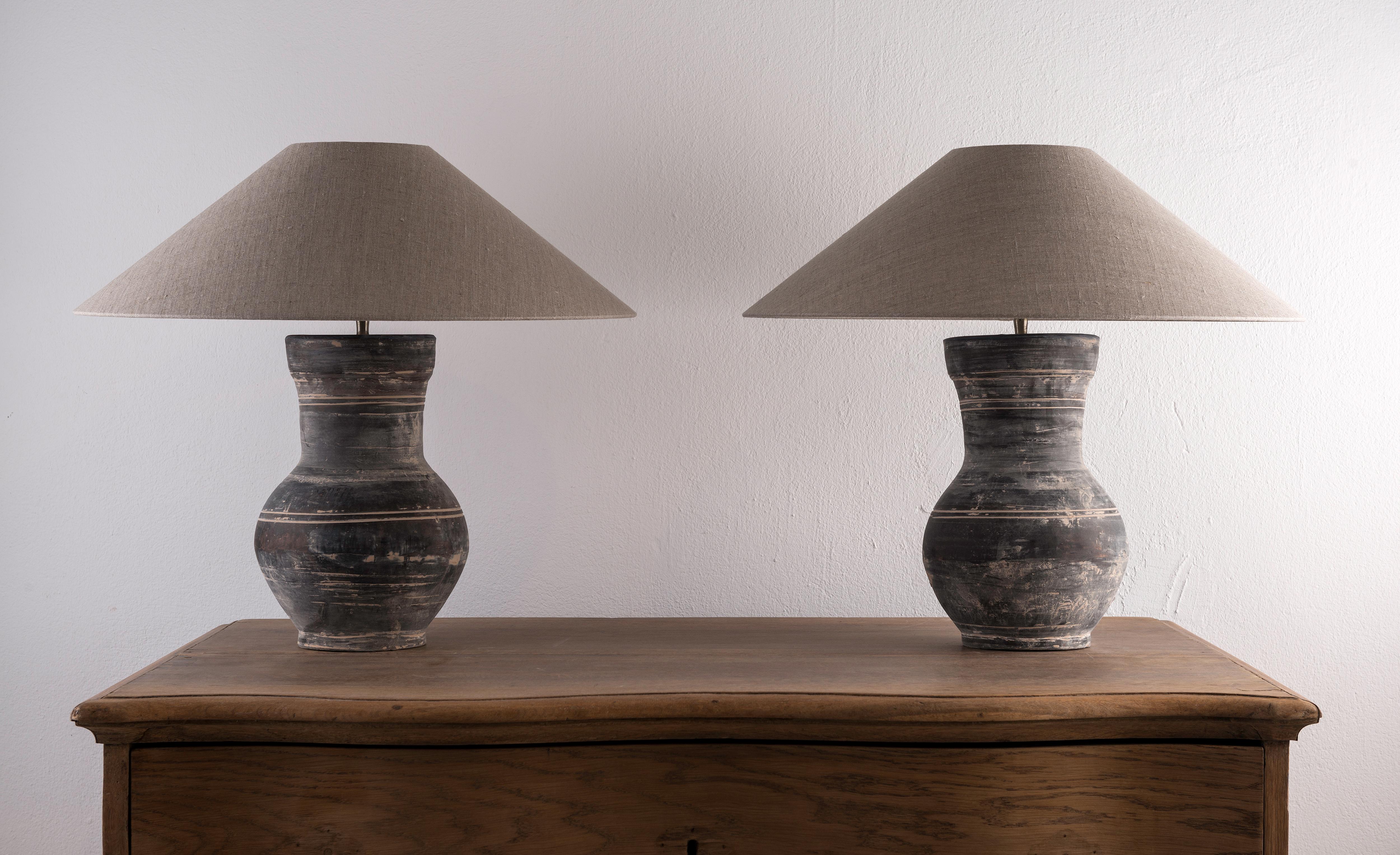 Chinese Pair of Han Style Lamp with Handmade Belgian Linen Shades