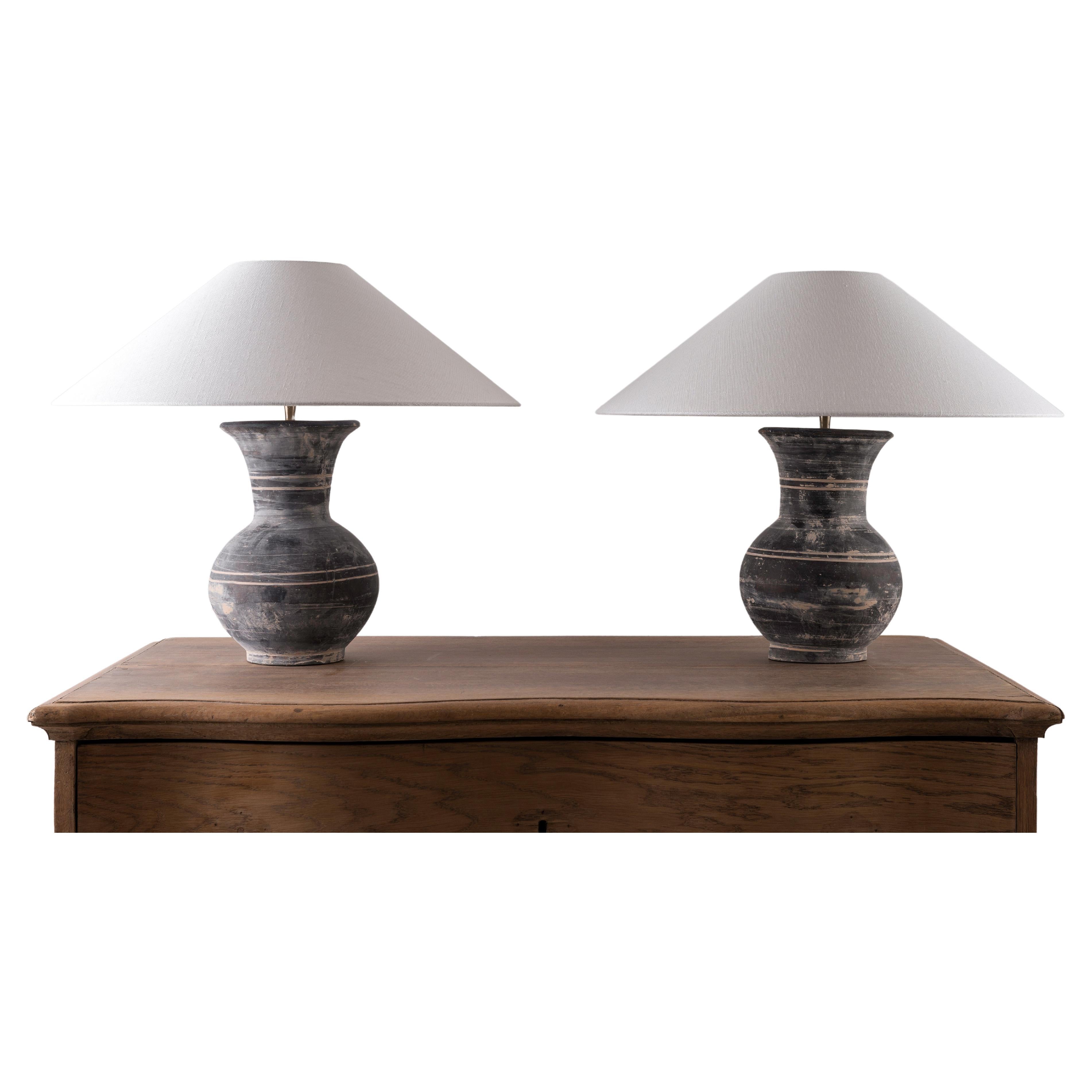 Pair of Han Style Lamp with Handmade Belgian Linen Shades For Sale