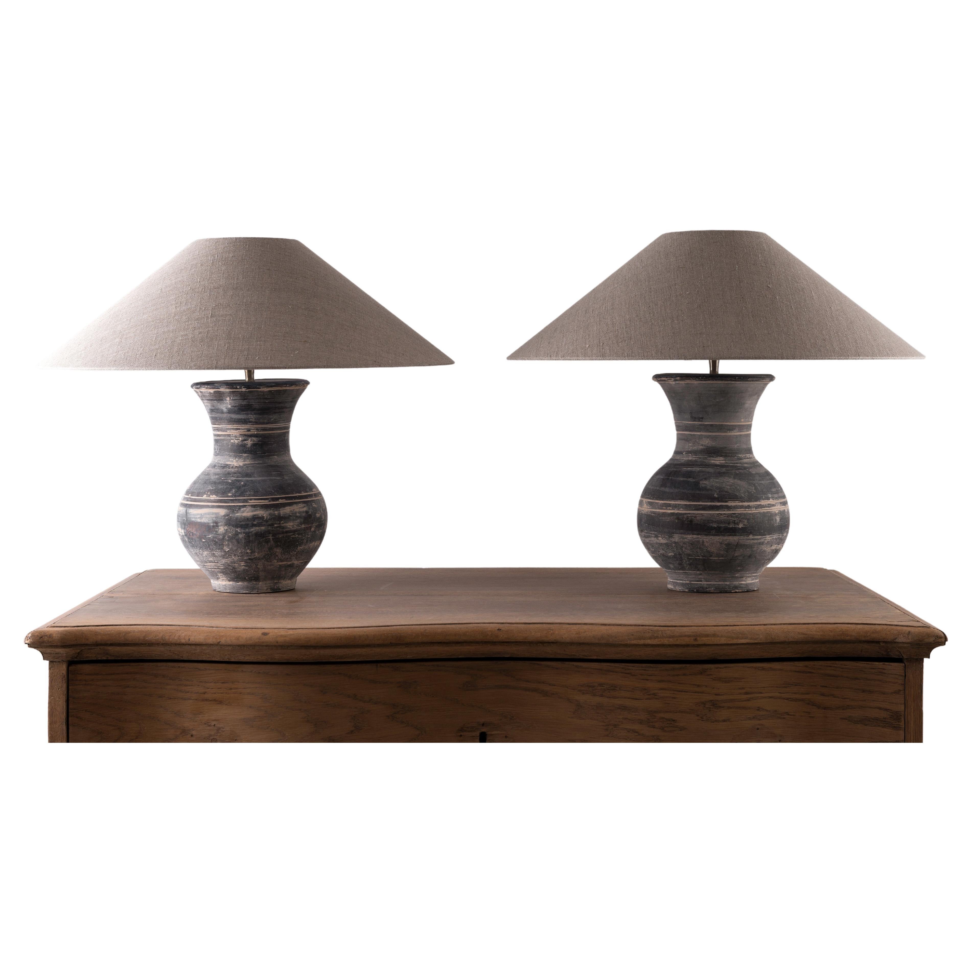 Pair of Han Style Lamp with Handmade Belgian Linen Shades