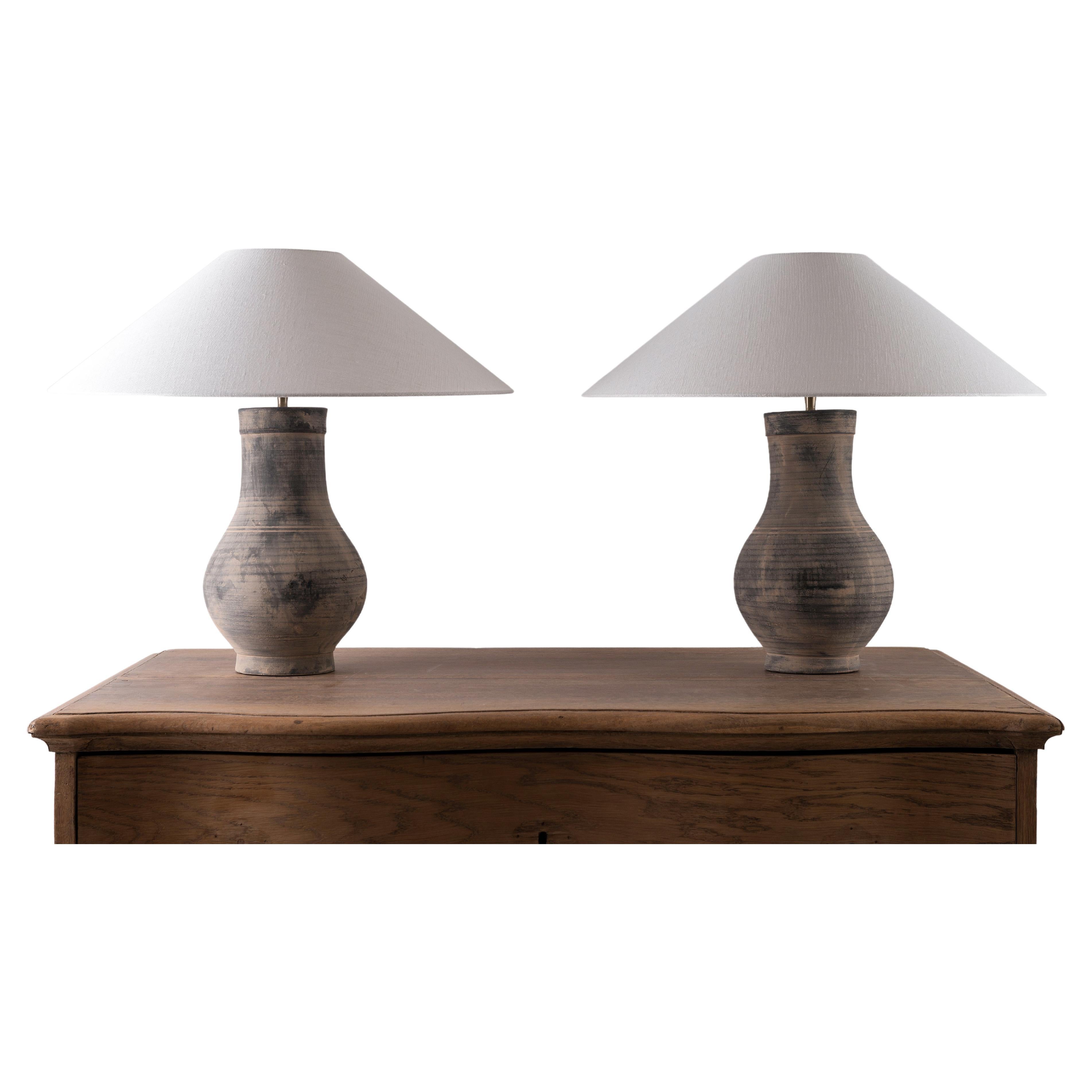 Pair of Han Style Lamp with Handmade Belgian Linen Shades