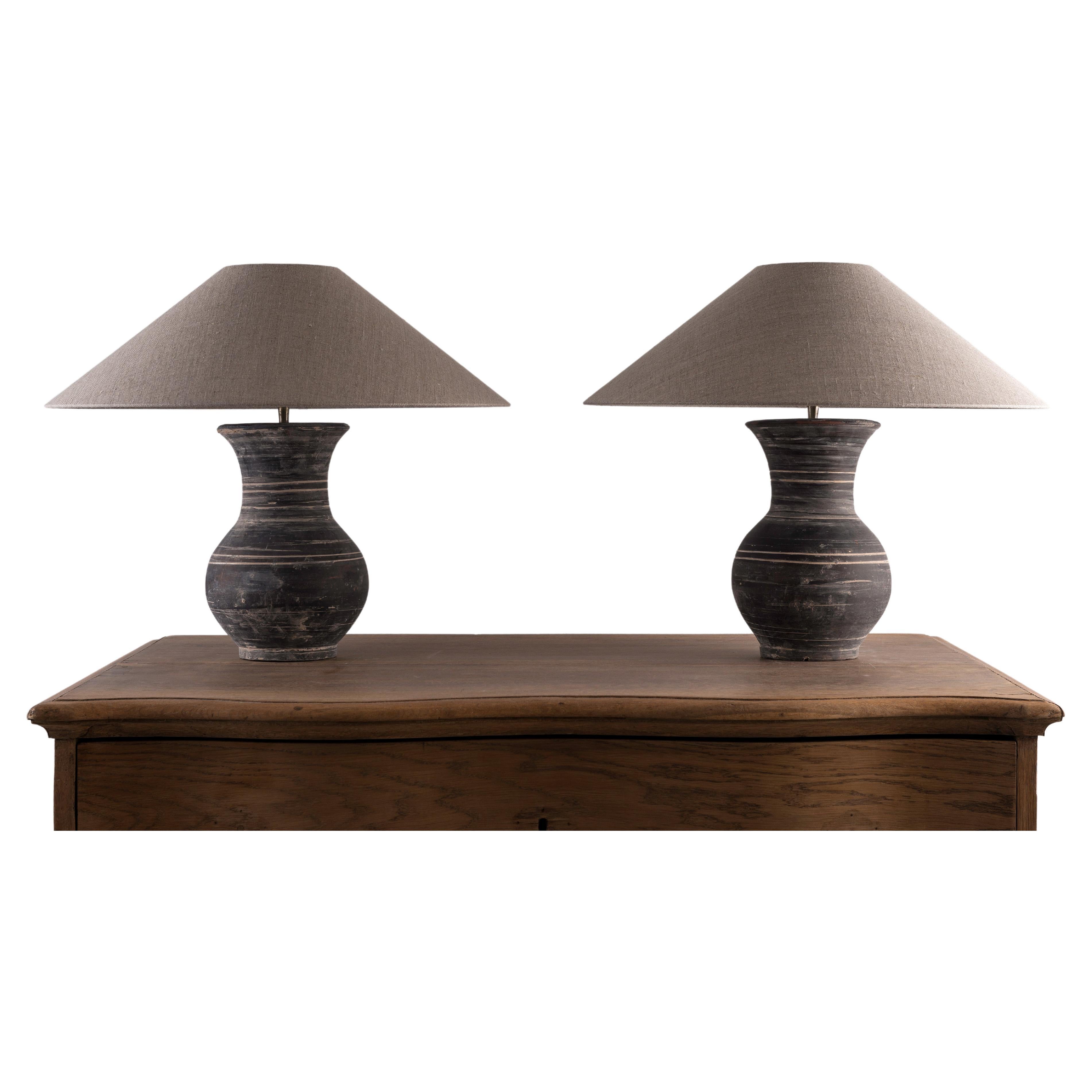 Pair of Han Style Lamp with Handmade Belgian Linen Shades For Sale at  1stDibs