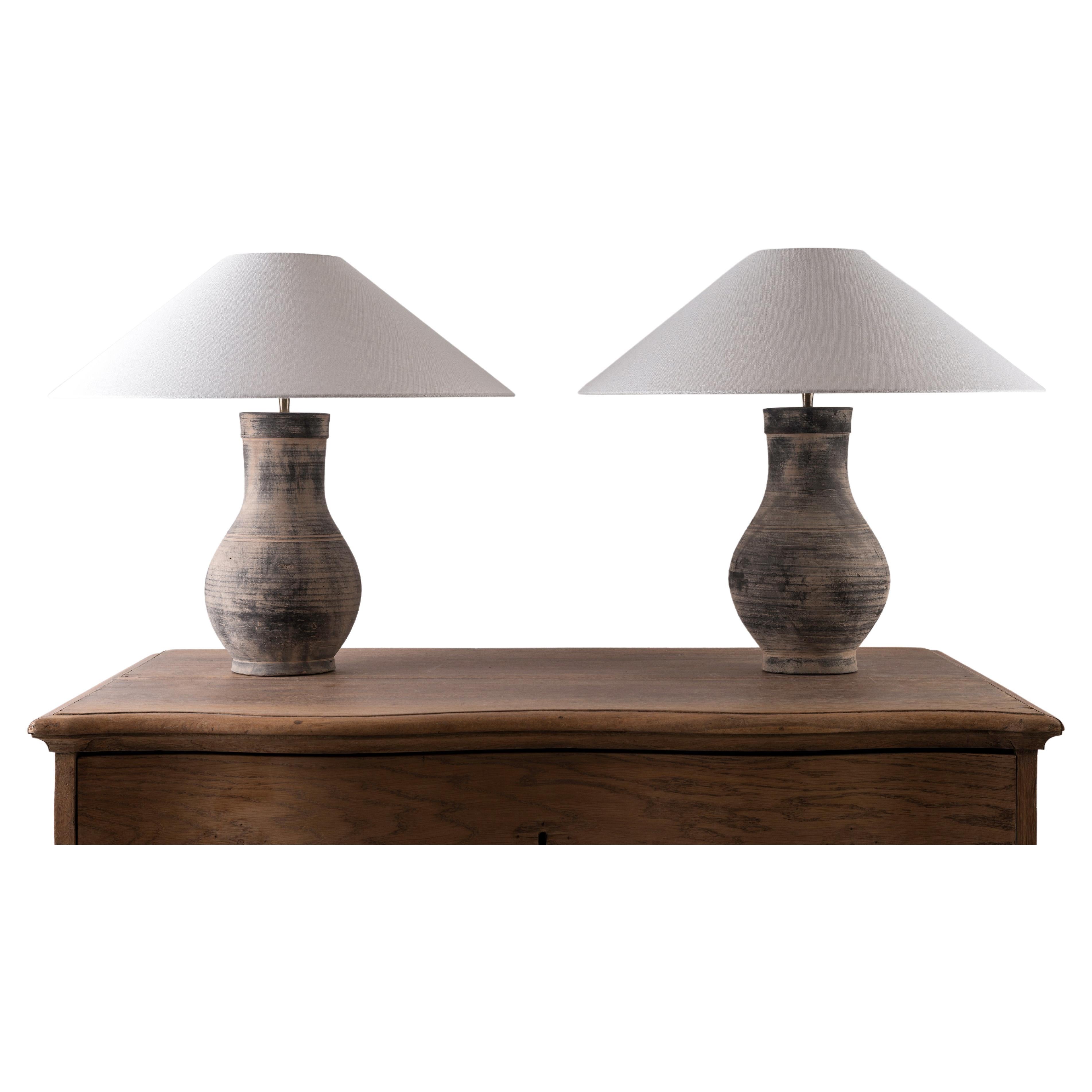 Pair of Han Style Lamp with Handmade Belgian Linen Shades