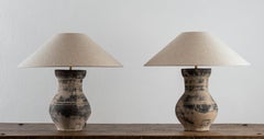 Pair of HAN Style Pottery Lamps with Belgian Linen Shades