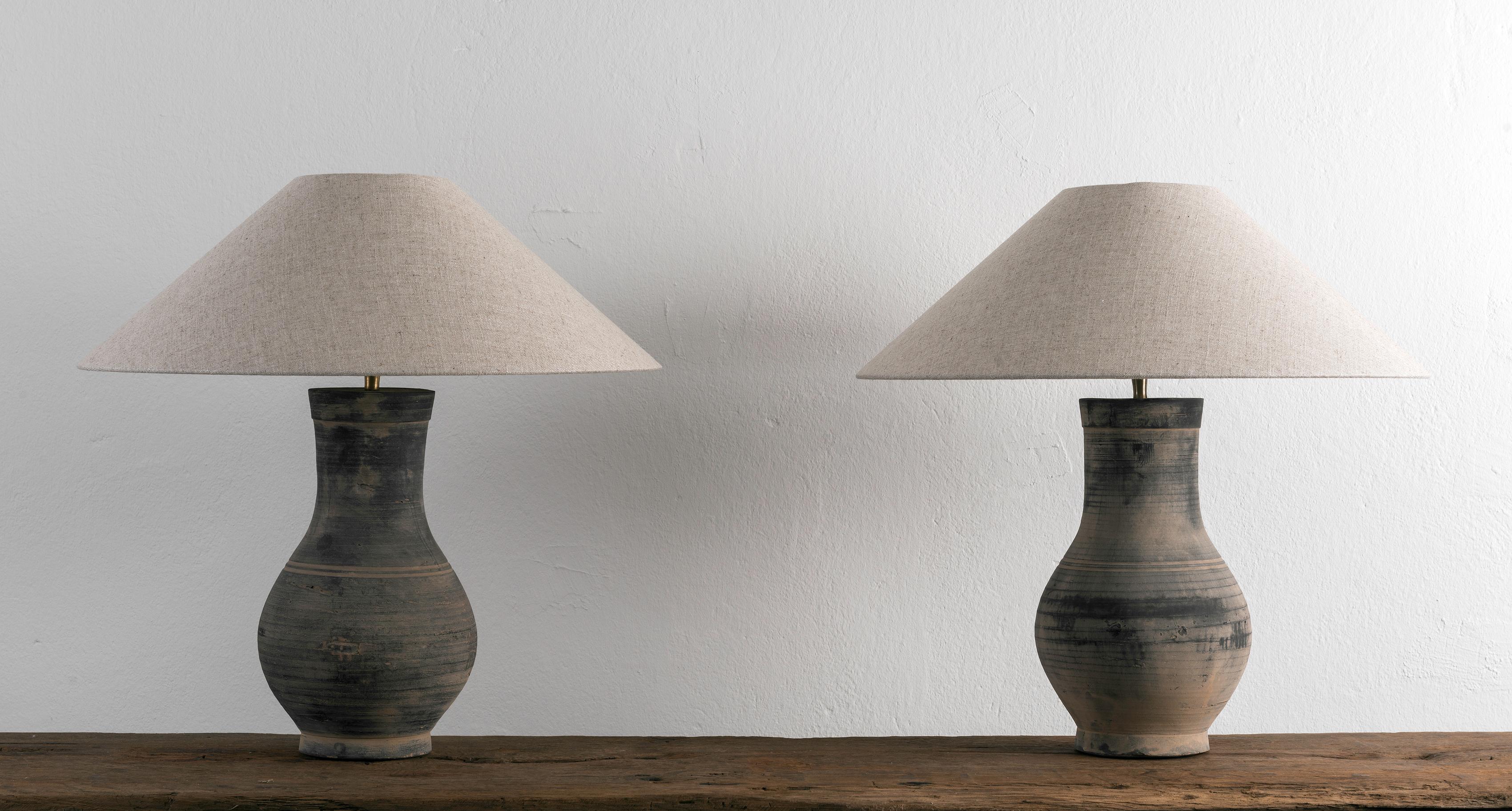 Han Pair of HAN Style Lamps with Belgian Linen Shades