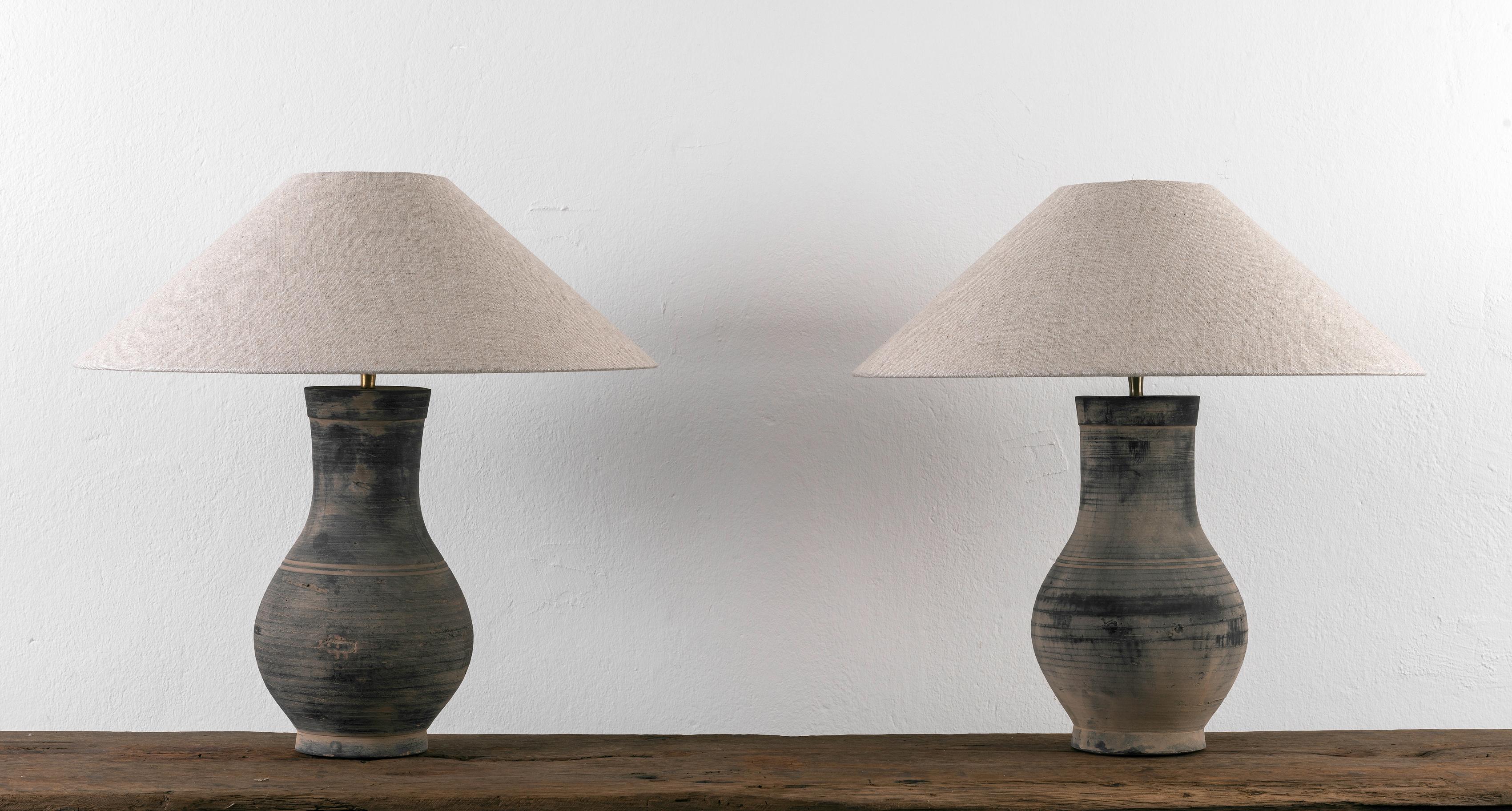 Chinese Pair of HAN Style Lamps with Belgian Linen Shades