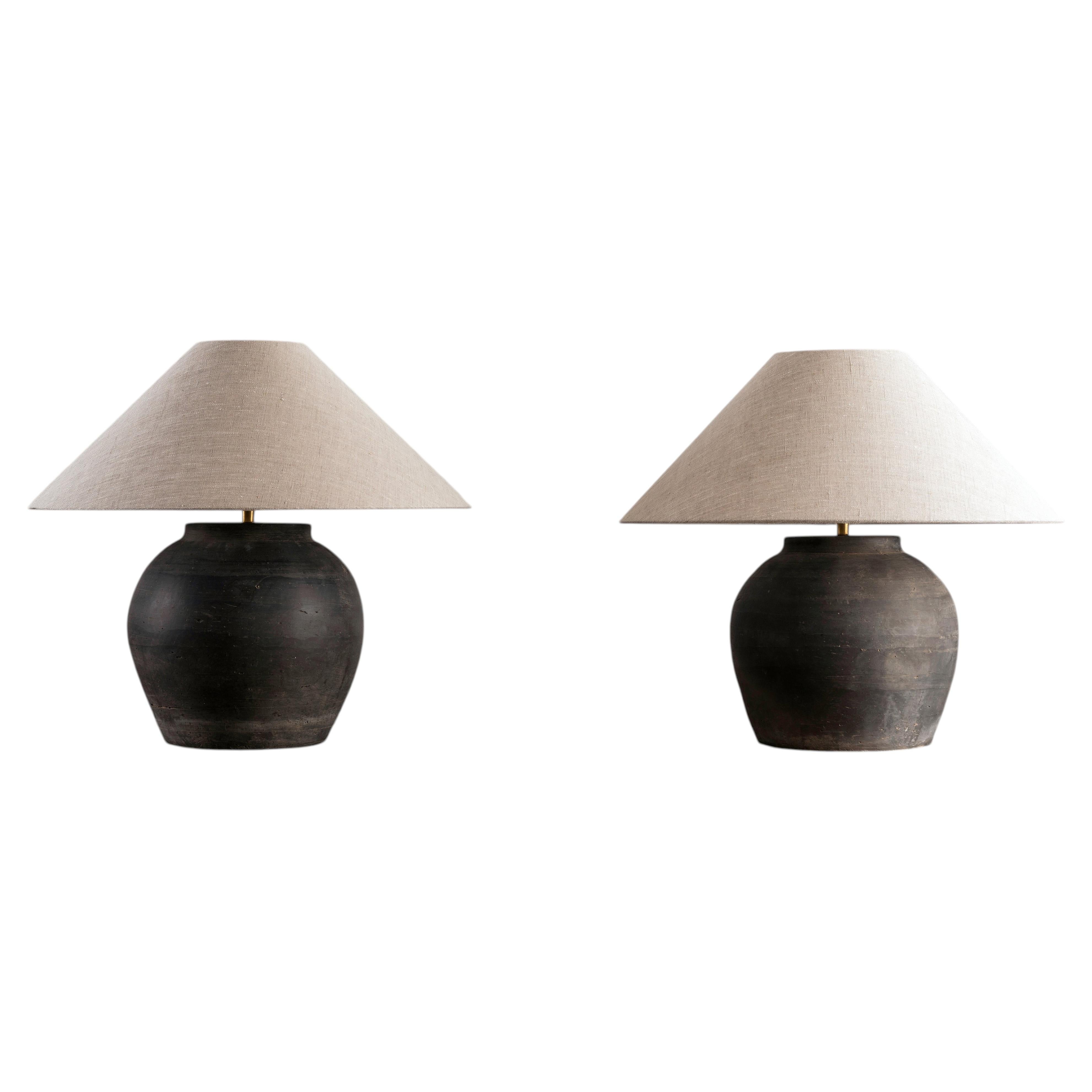 Pair of HAN Style Lamps with Belgian Linen Shades