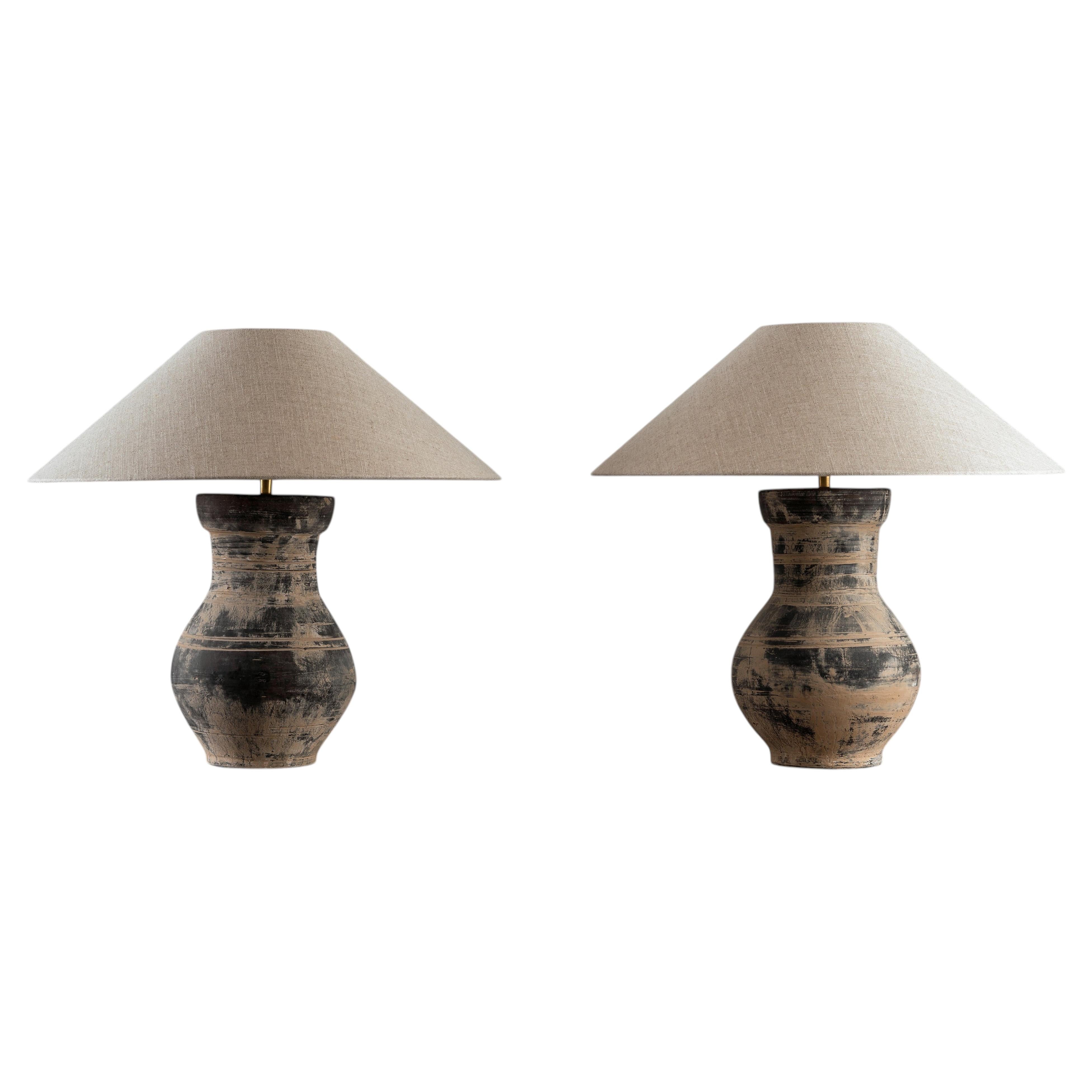 Pair of HAN Style Pottery Lamps with Belgian Linen Shades