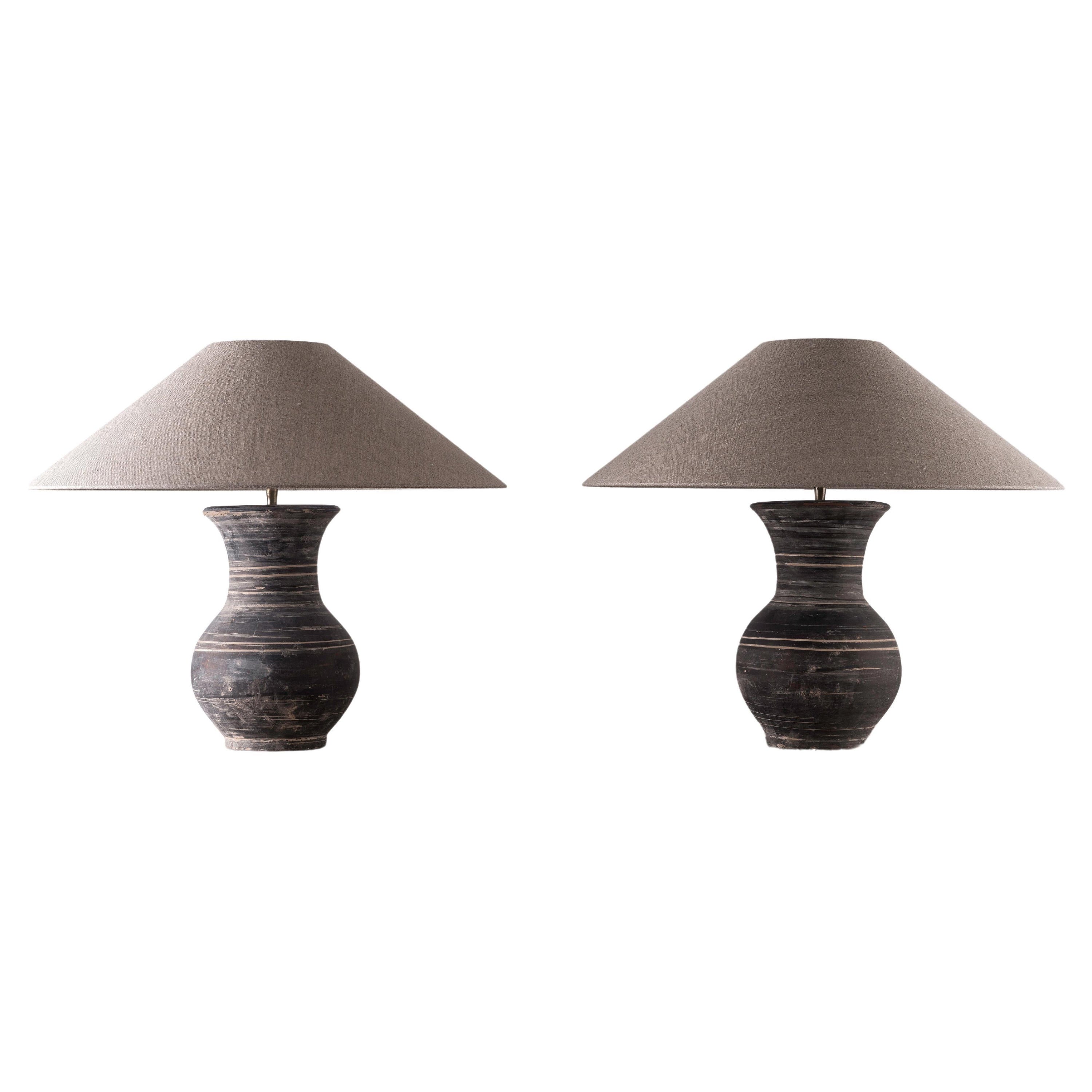 Pair of HAN Style Lamps with Handmade Belgian Linen Shades