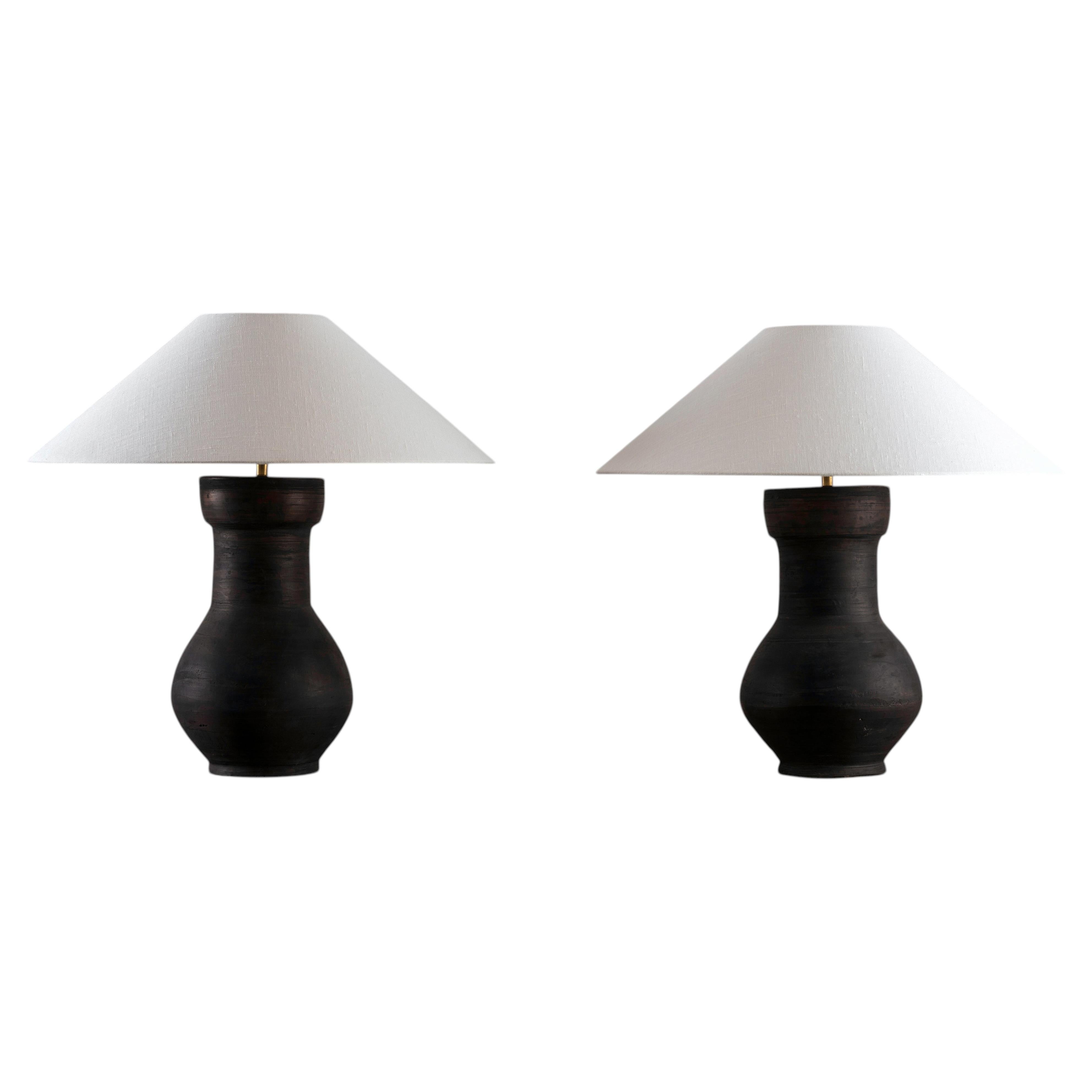 Pair of HAN Style Lamps with Handmade Belgian Linen Shades