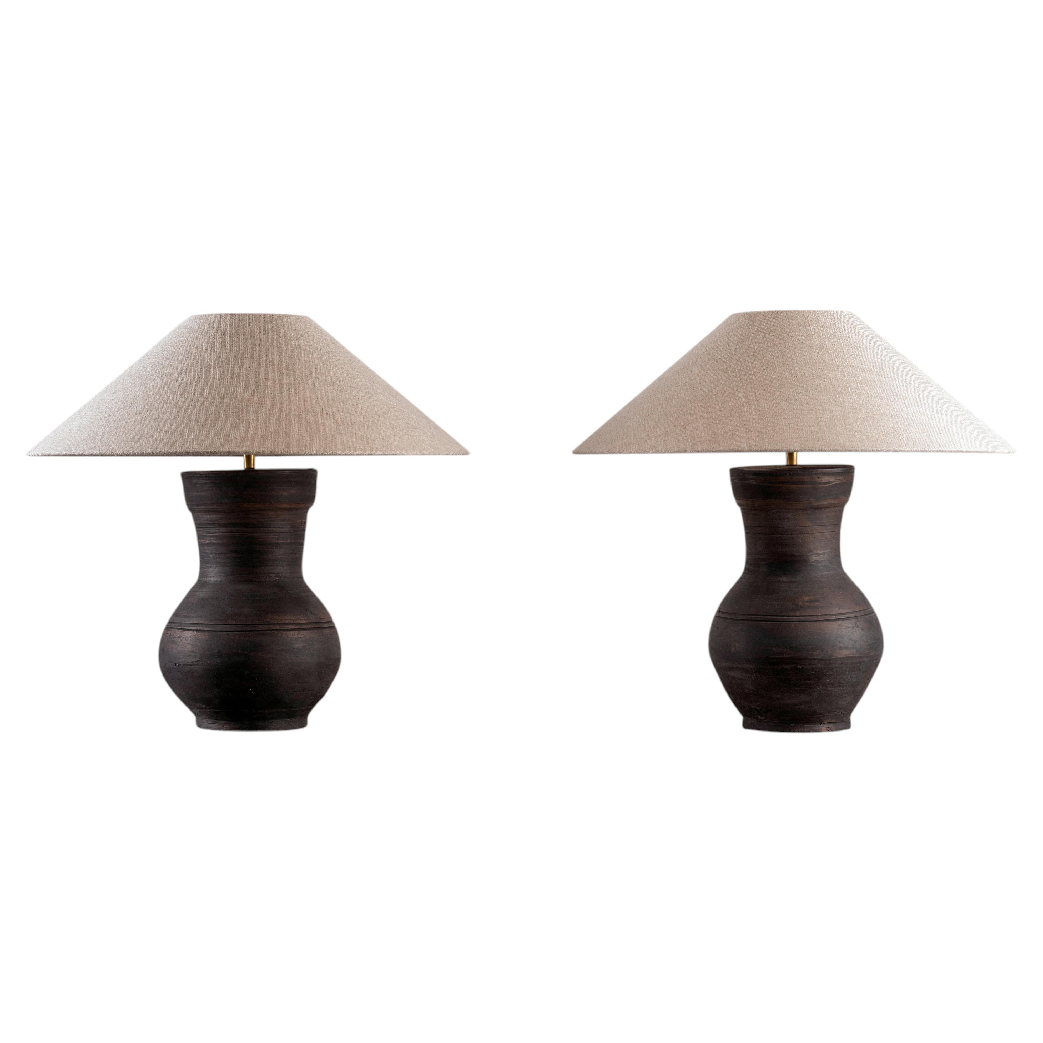 Pair of HAN Style Lamps with Handmade Belgian Linen Shades