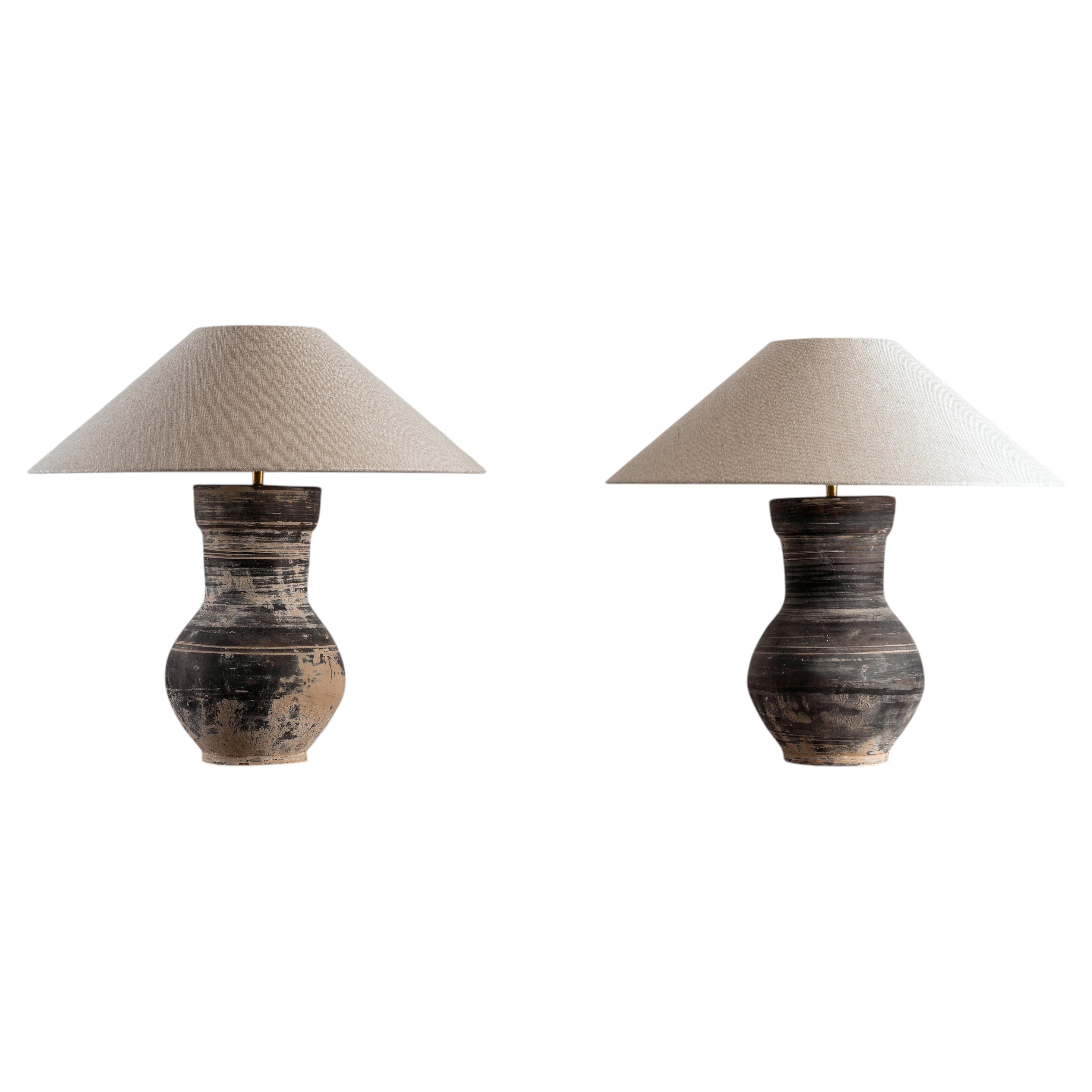 Pair of HAN Style Pottery Lamps with Handmade Belgian Linen Shades
