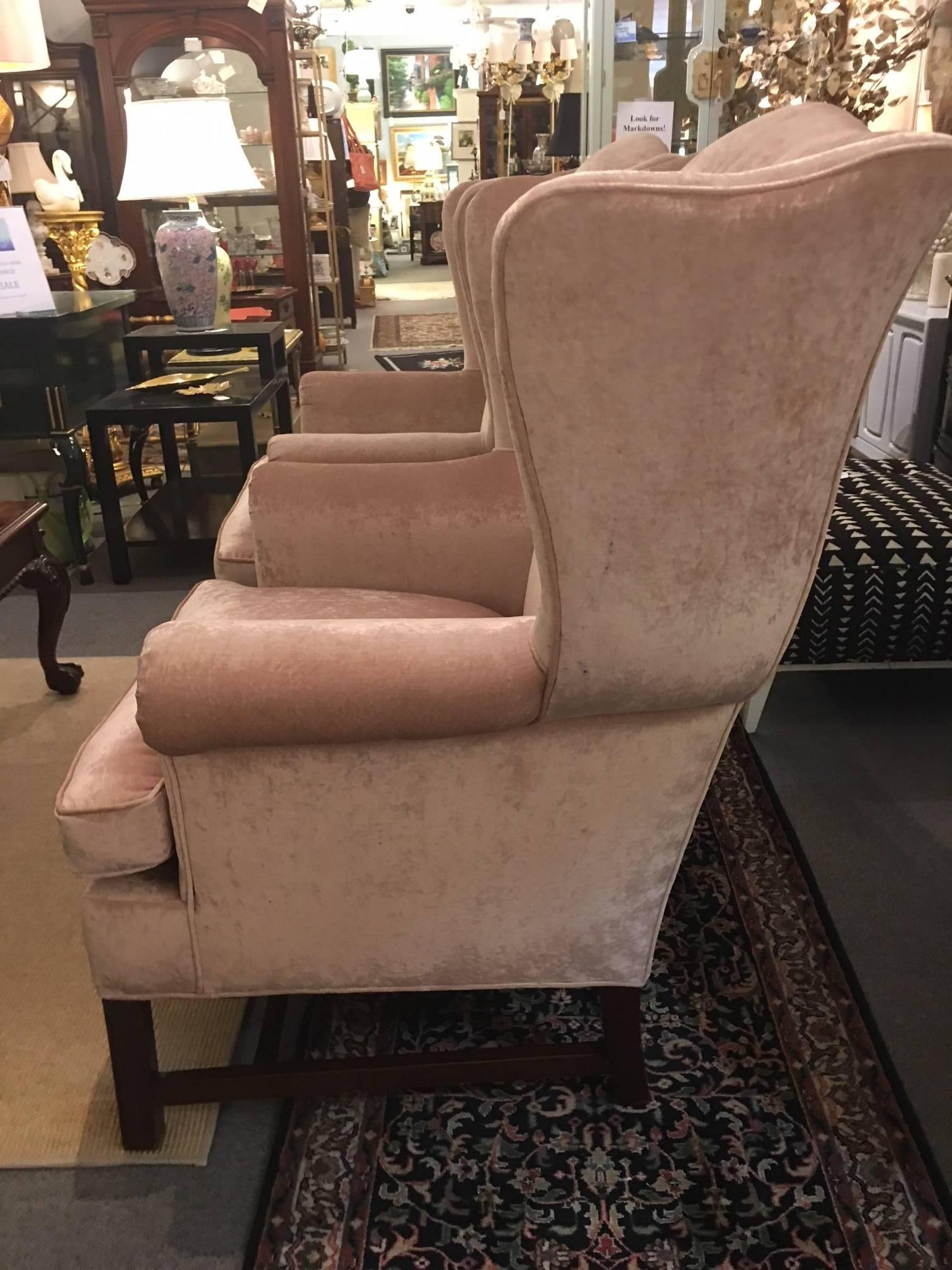 American Pair of Hancock and Moore Blush Velvet Wing Chairs