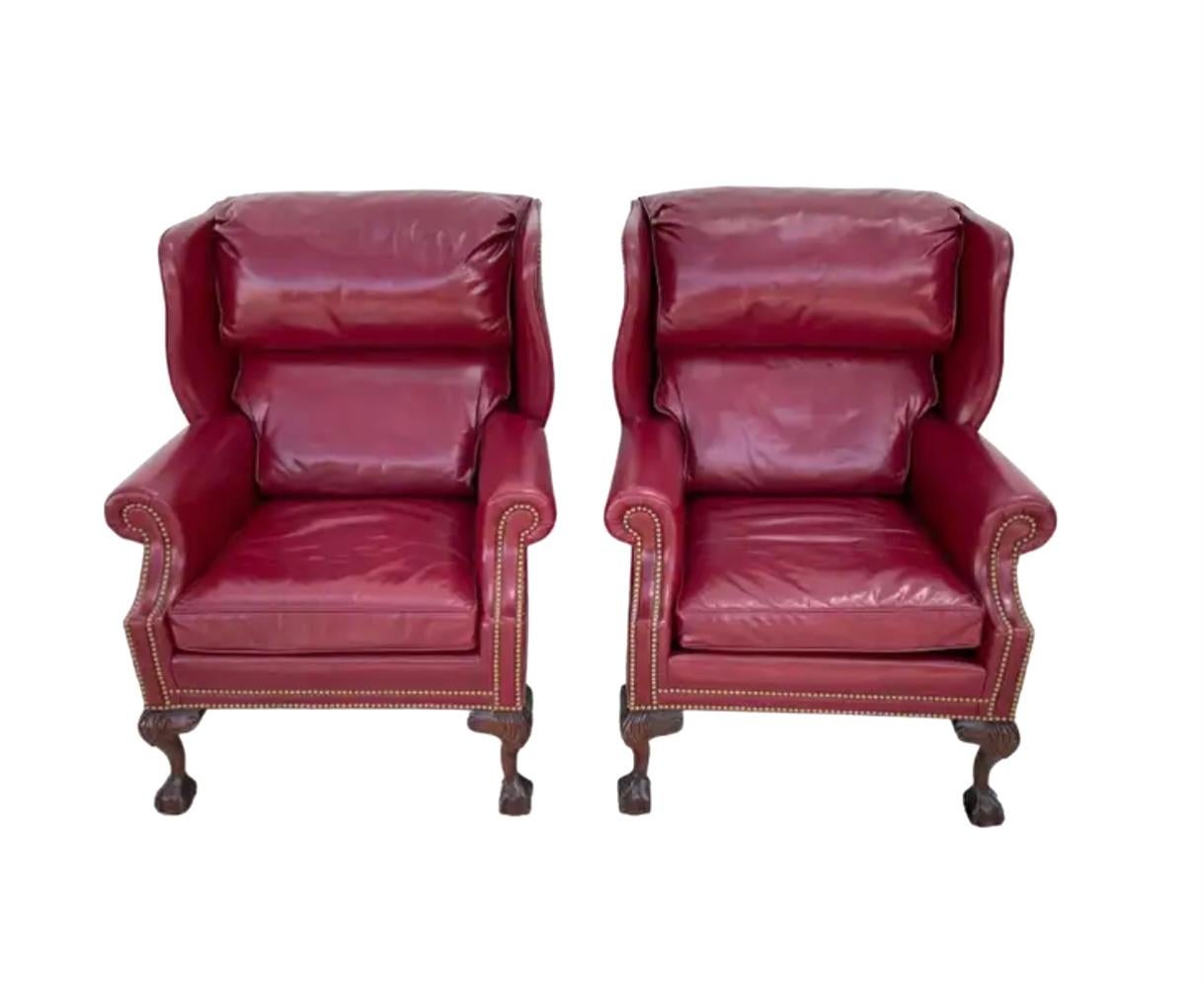 Chippendale Pair of Hancock And Moore Wingback Ball And Claw Leather Chairs