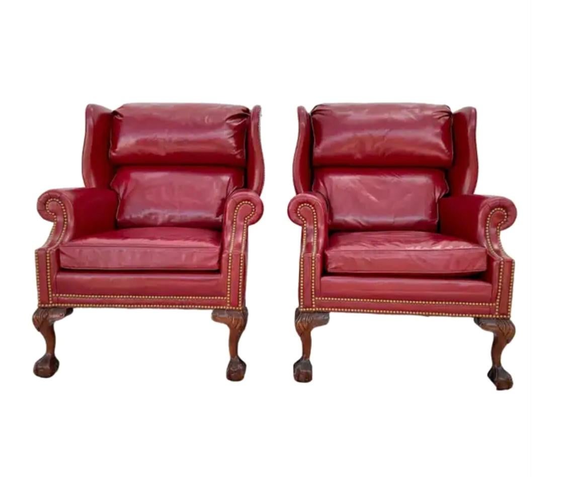 American Pair of Hancock And Moore Wingback Ball And Claw Leather Chairs