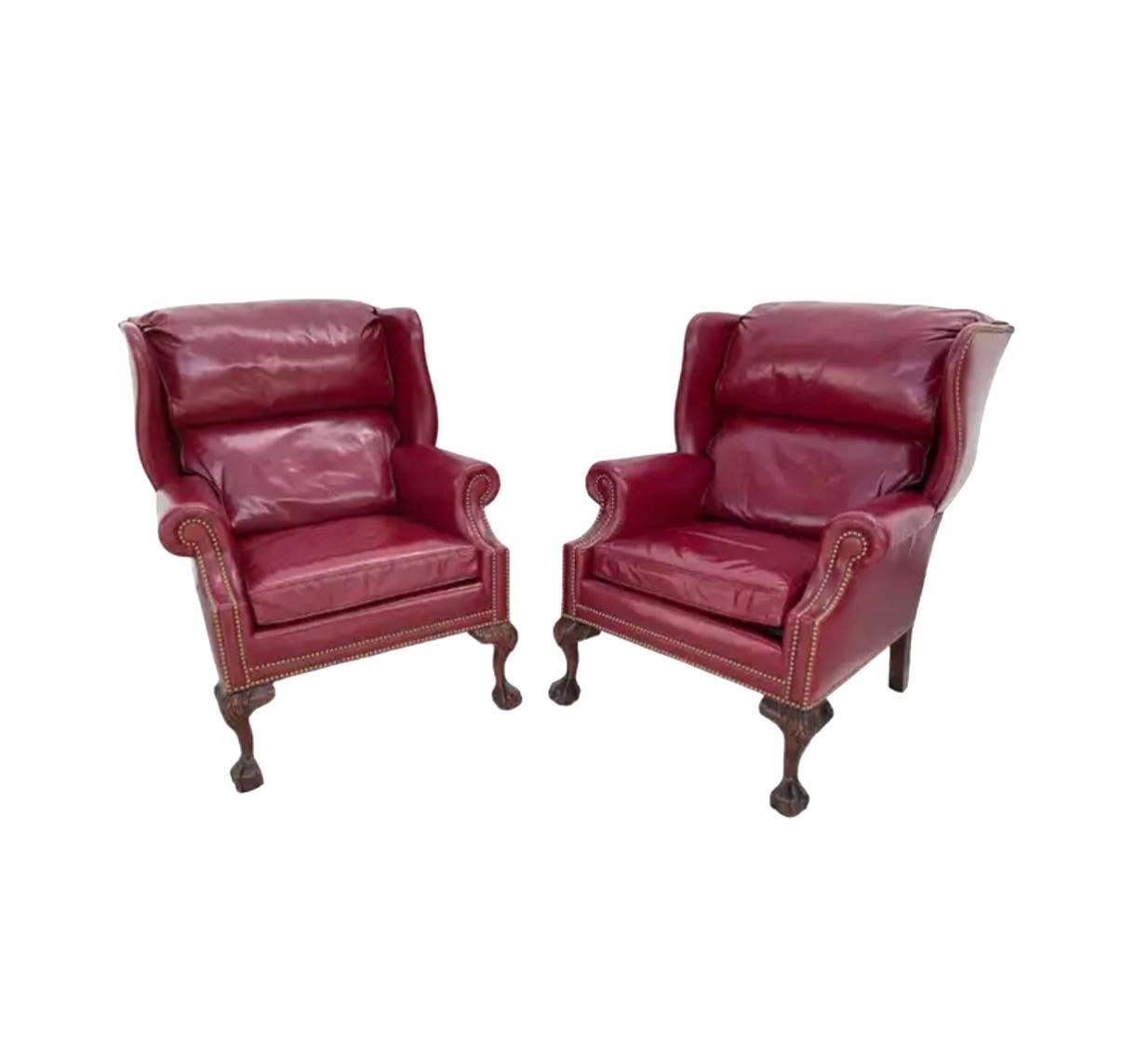 Pair of Hancock And Moore Wingback Ball And Claw Leather Chairs In Good Condition In Bradenton, FL