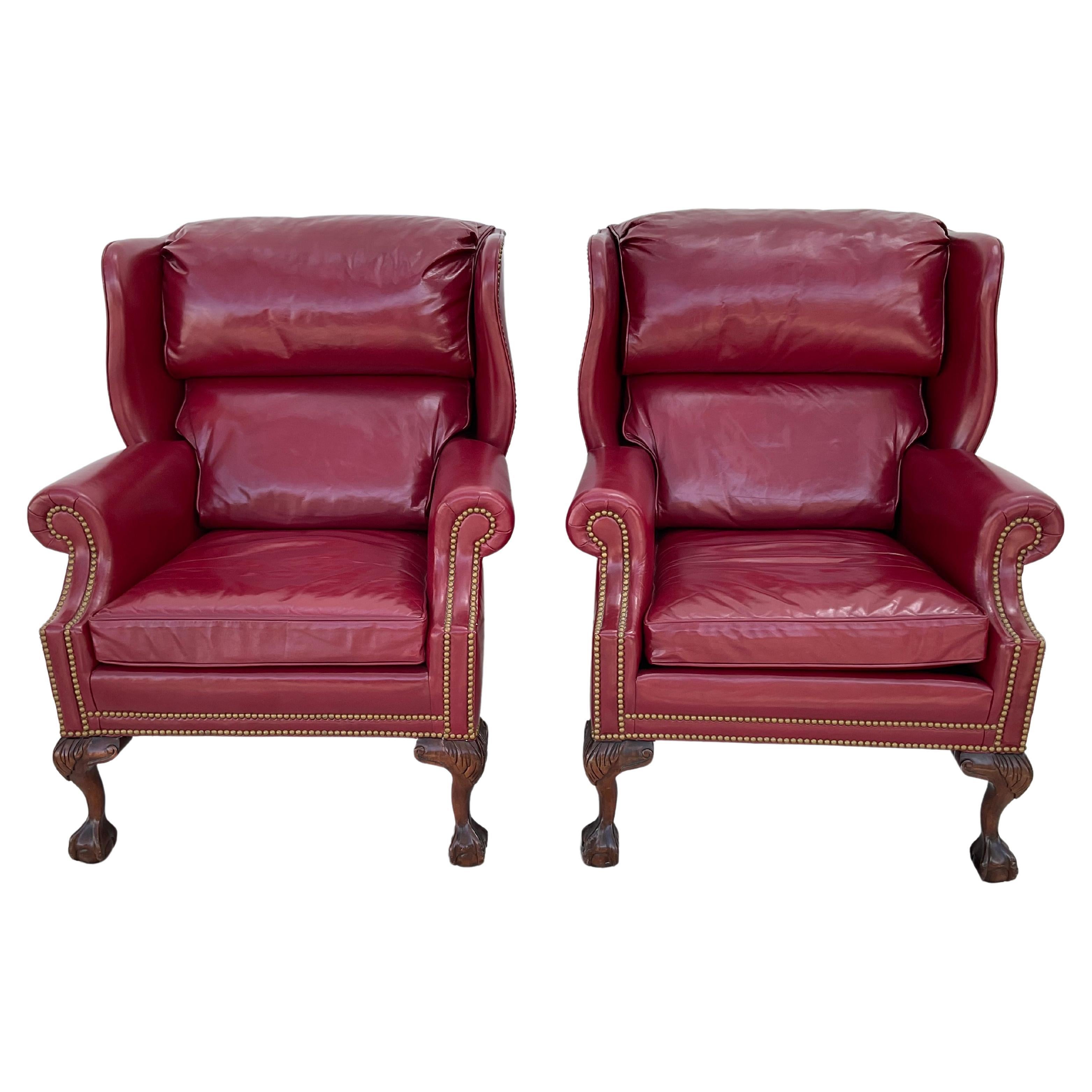 Pair of Hancock And Moore Wingback Ball And Claw Leather Chairs