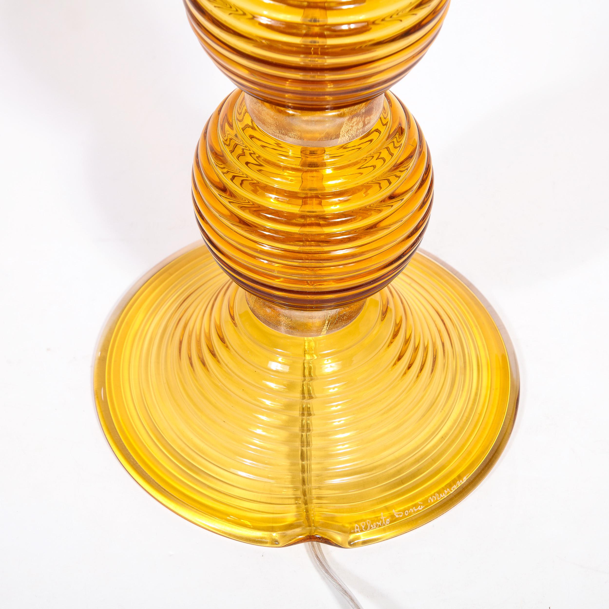 Pair of Hand Amber Hued Murano Lamps with 24-Karat Gold Bands For Sale 5