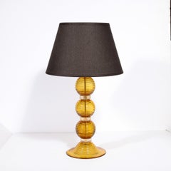 Pair of Hand Amber Hued Murano Lamps with 24-Karat Gold Bands