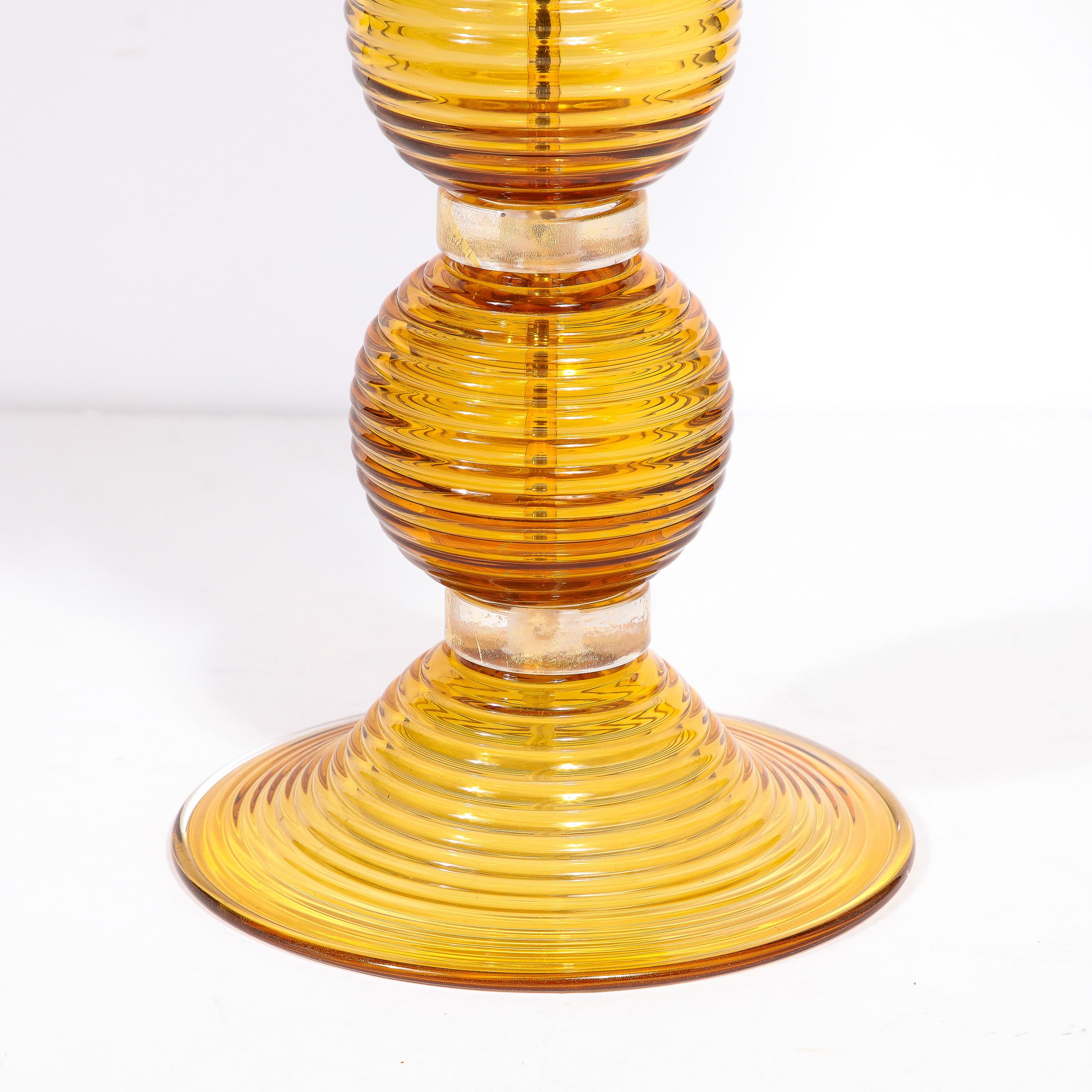 Pair of Hand Amber Hued Murano Lamps with 24-Karat Gold Bands In New Condition For Sale In New York, NY