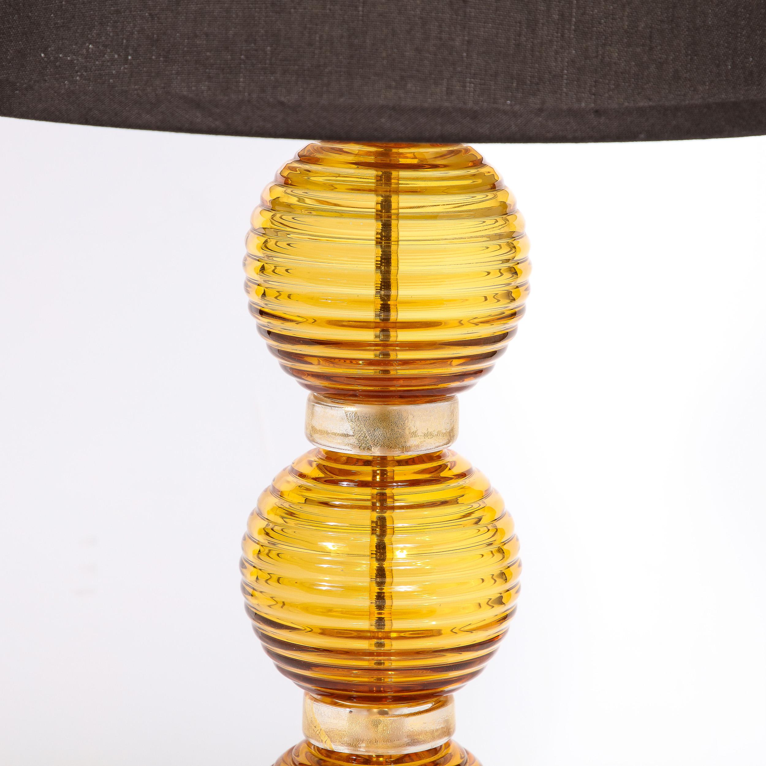 Contemporary Pair of Hand Amber Hued Murano Lamps with 24-Karat Gold Bands For Sale