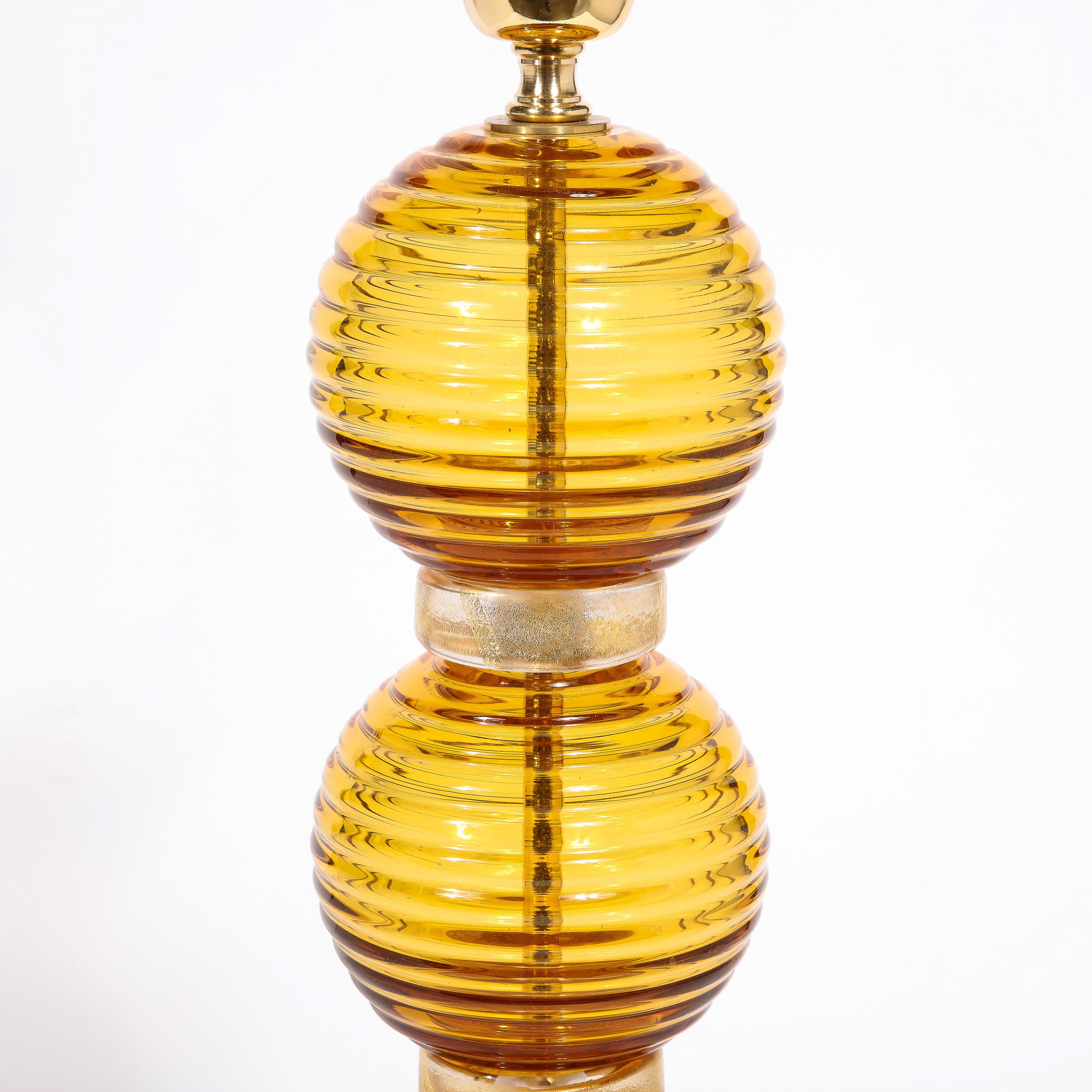 Pair of Hand Amber Hued Murano Lamps with 24-Karat Gold Bands For Sale 2