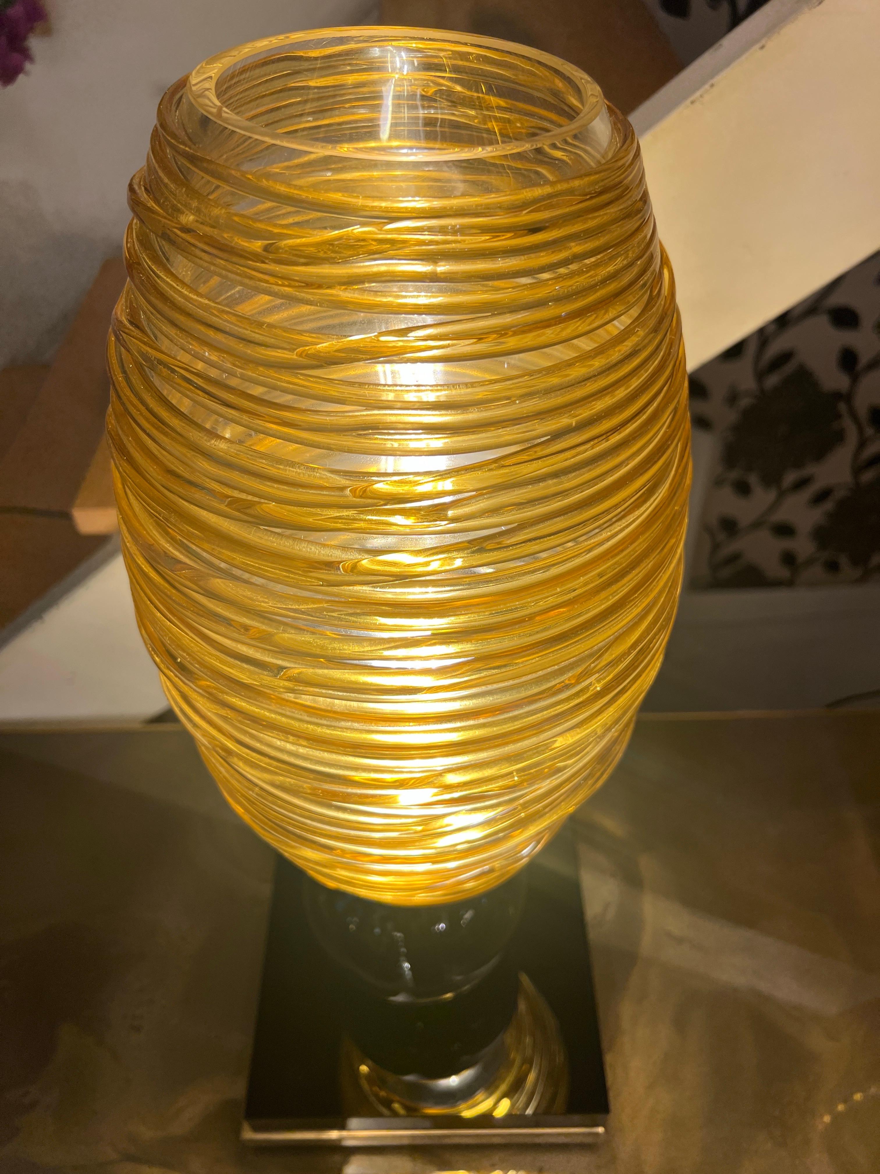 Pair of Hand-blown Amber-Colored Murano Glass Table Lamps by Vistosi Murano 1980 For Sale 13