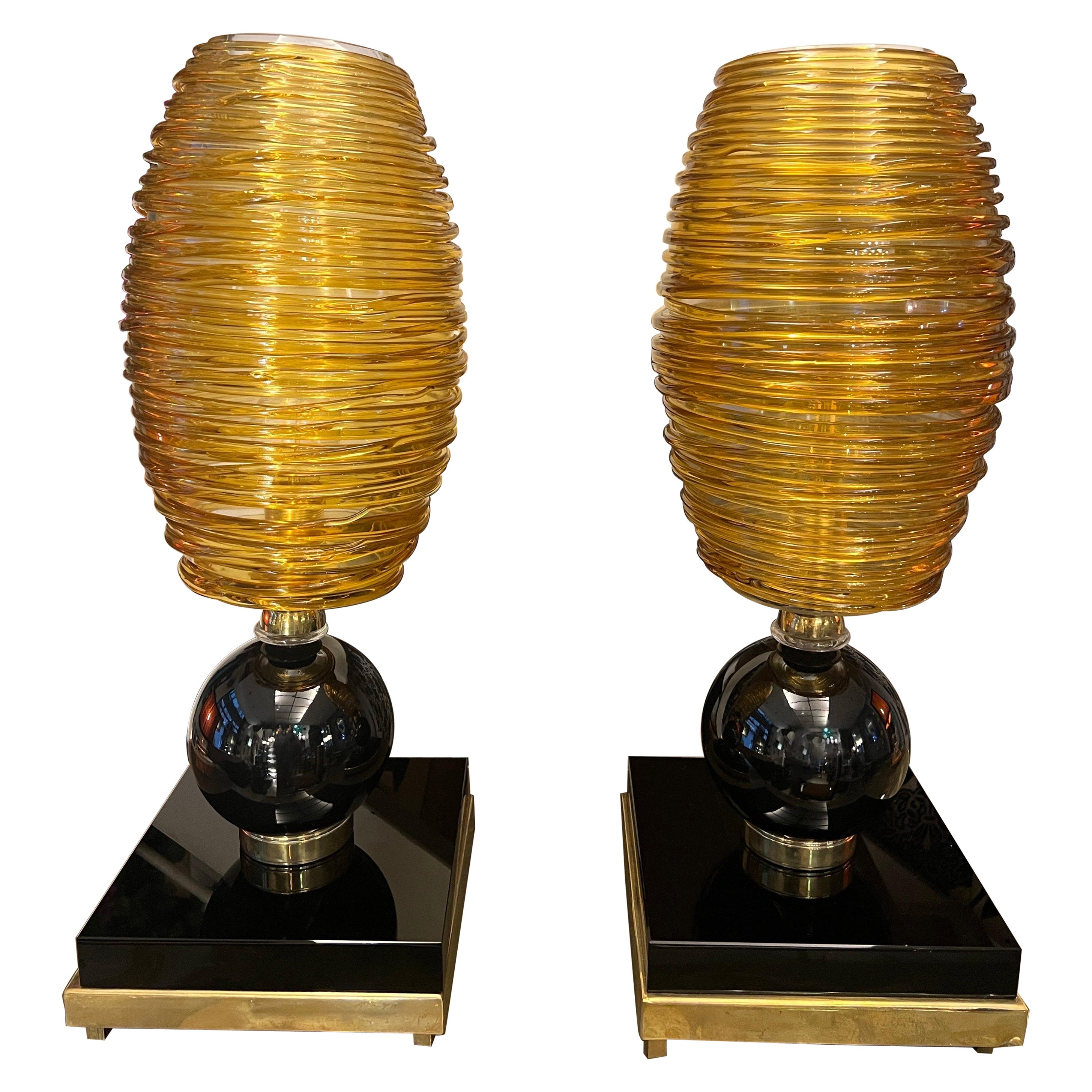 Pair of Hand-blown Amber-Colored Murano Glass Table Lamps by Vistosi Murano 1980