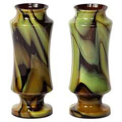 Pair of Hand-Blown and Tapered Murano Glass Vases in Swirled Olive & Burnt Umber