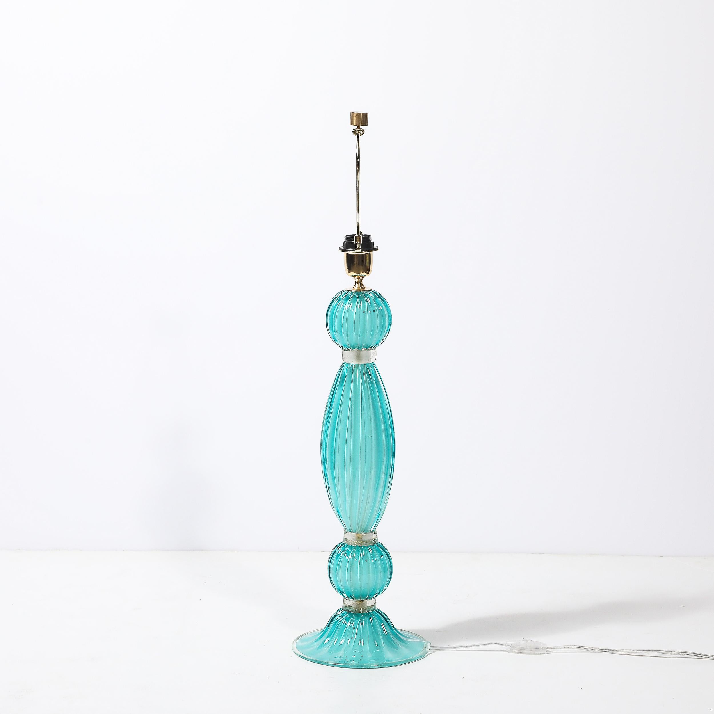 Pair of Hand-Blown Aquamarine Murano Fluted Glass Table Lamps w/ 24 Karat Gold For Sale 4
