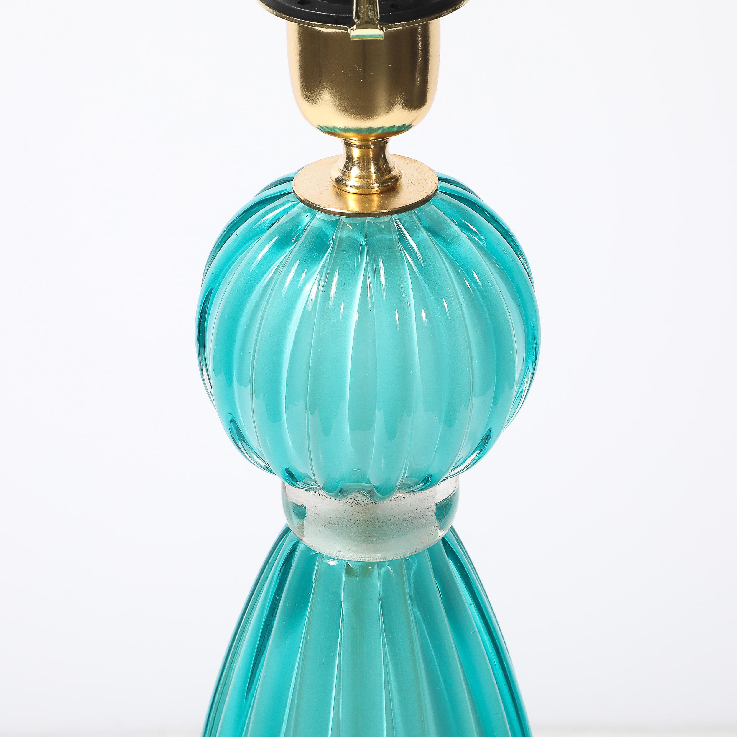 Pair of Hand-Blown Aquamarine Murano Fluted Glass Table Lamps w/ 24 Karat Gold For Sale 5