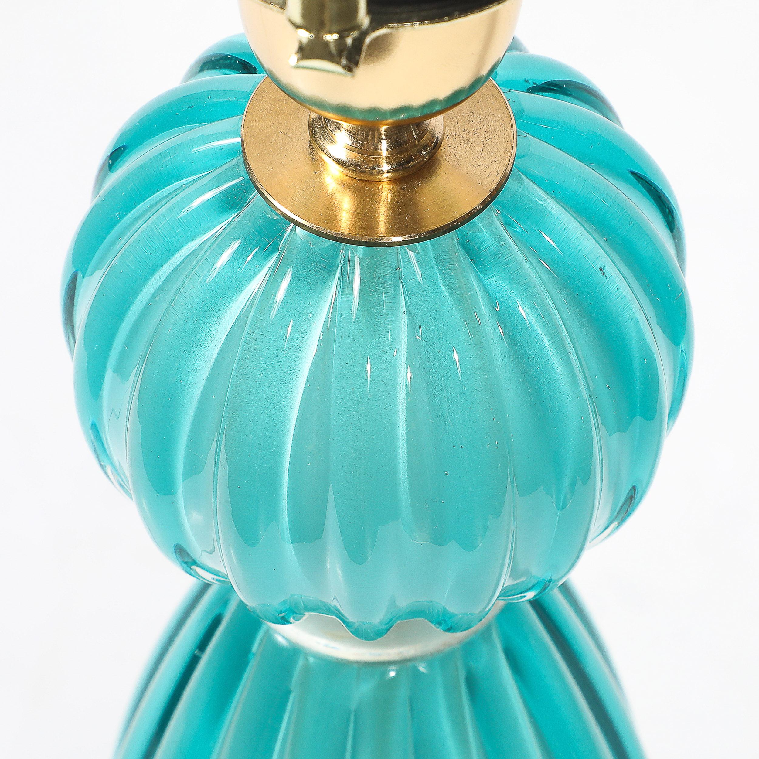 Pair of Hand-Blown Aquamarine Murano Fluted Glass Table Lamps w/ 24 Karat Gold For Sale 6