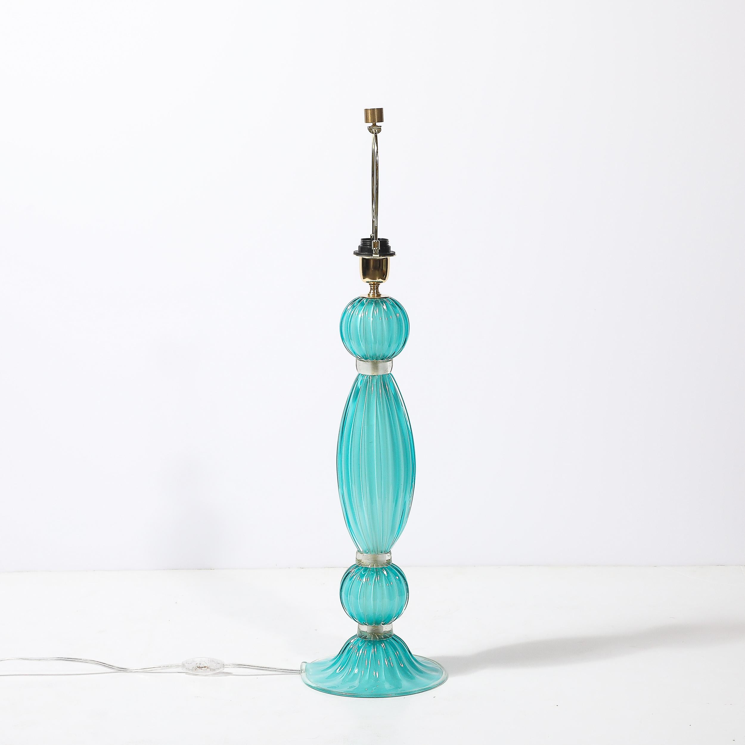 Pair of Hand-Blown Aquamarine Murano Fluted Glass Table Lamps w/ 24 Karat Gold For Sale 8
