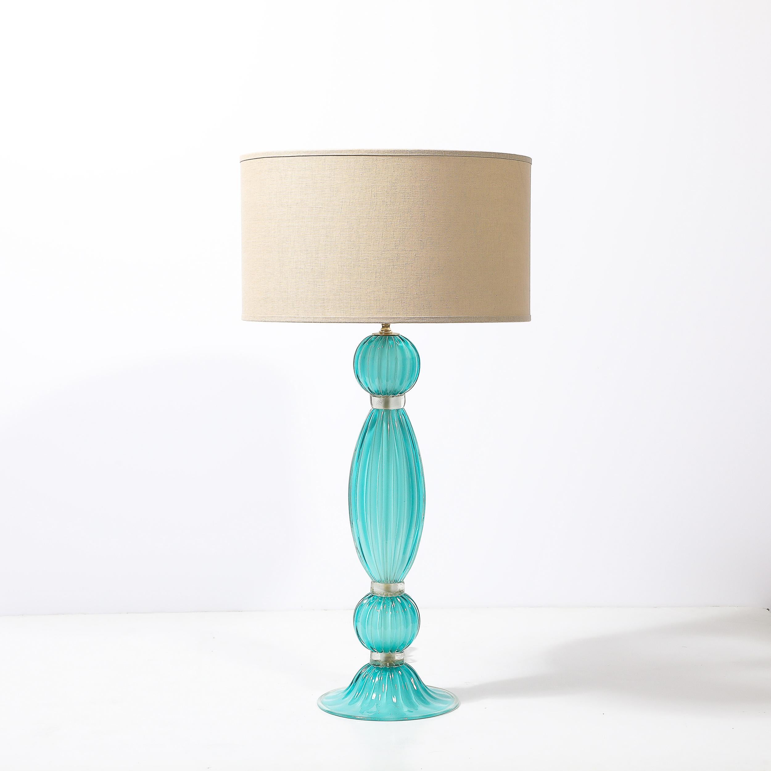 Modern Pair of Hand-Blown Aquamarine Murano Fluted Glass Table Lamps w/ 24 Karat Gold For Sale