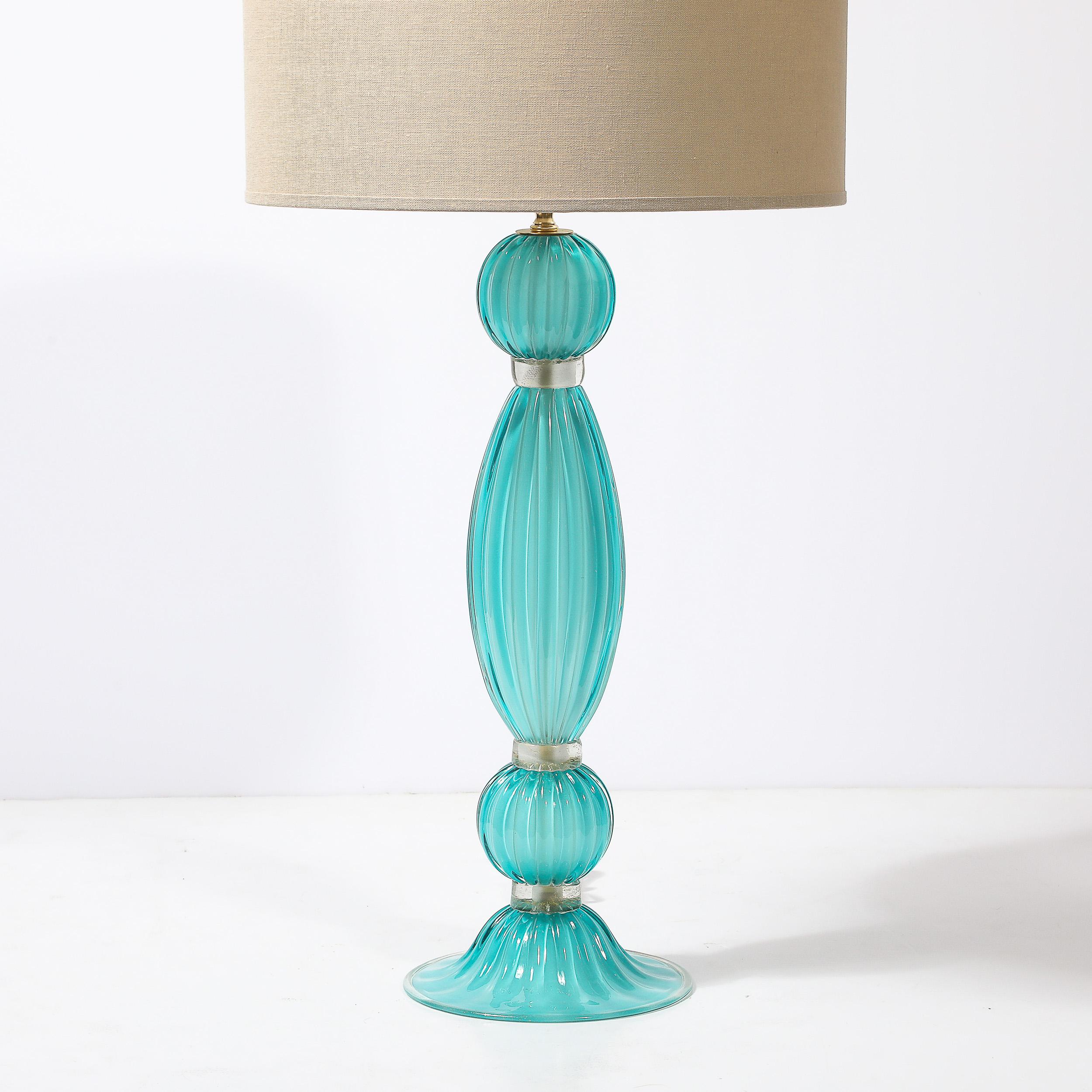 Italian Pair of Hand-Blown Aquamarine Murano Fluted Glass Table Lamps w/ 24 Karat Gold For Sale