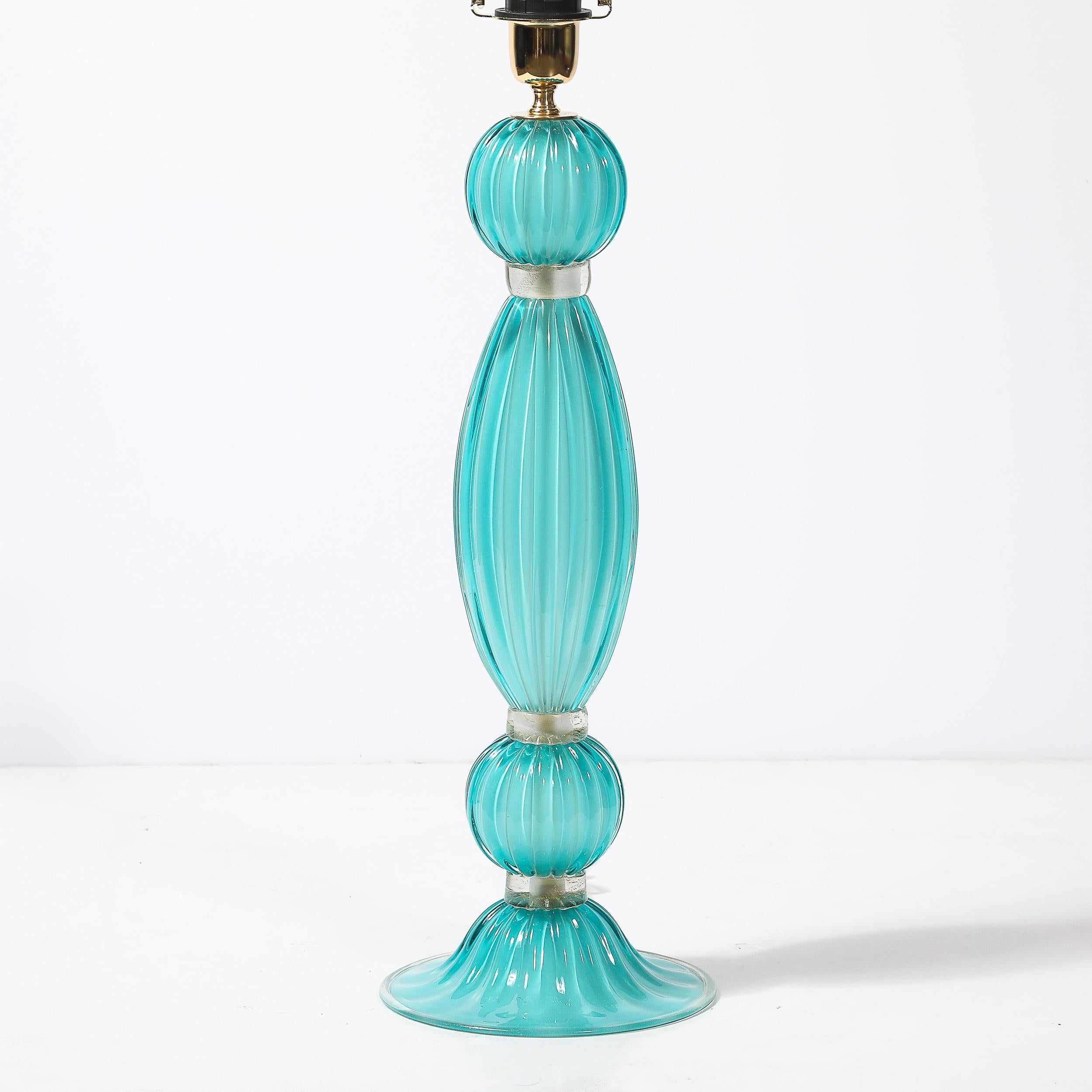 Contemporary Pair of Hand-Blown Aquamarine Murano Fluted Glass Table Lamps w/ 24 Karat Gold For Sale