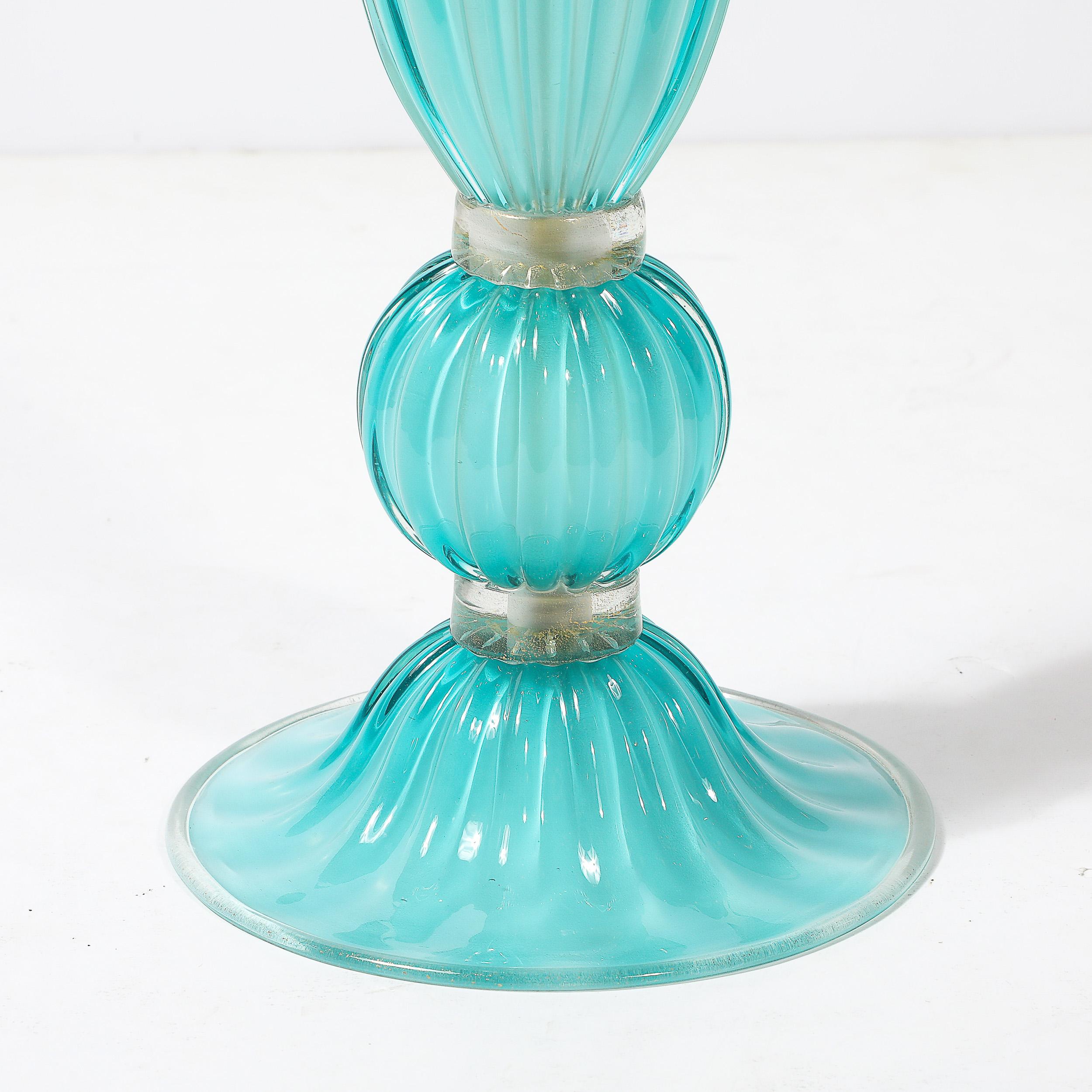 Pair of Hand-Blown Aquamarine Murano Fluted Glass Table Lamps w/ 24 Karat Gold For Sale 1