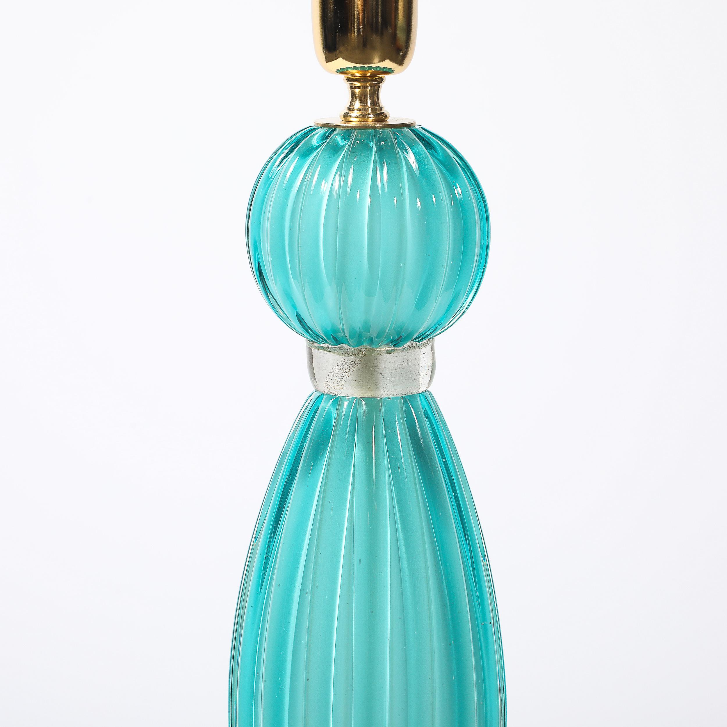 Pair of Hand-Blown Aquamarine Murano Fluted Glass Table Lamps w/ 24 Karat Gold For Sale 2