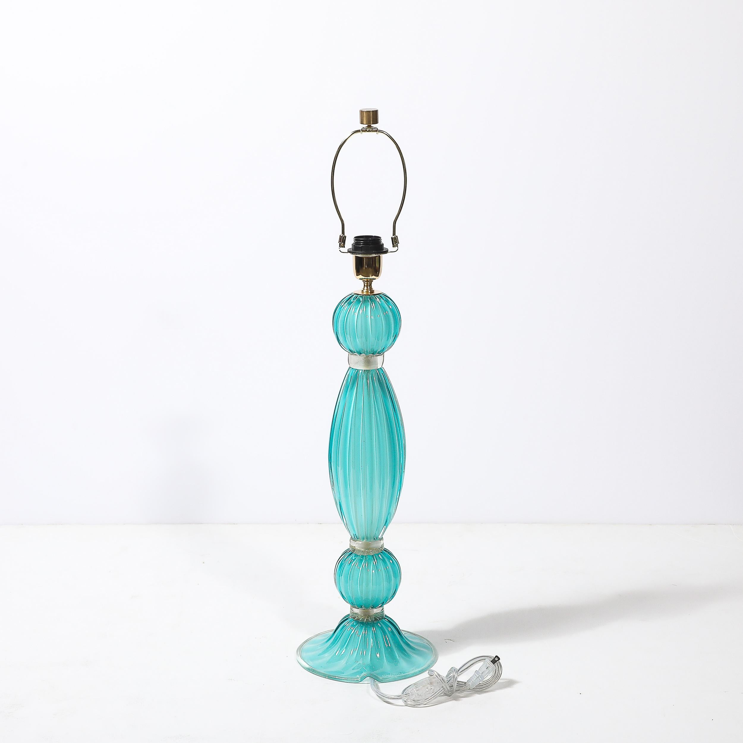 Pair of Hand-Blown Aquamarine Murano Fluted Glass Table Lamps w/ 24 Karat Gold For Sale 3