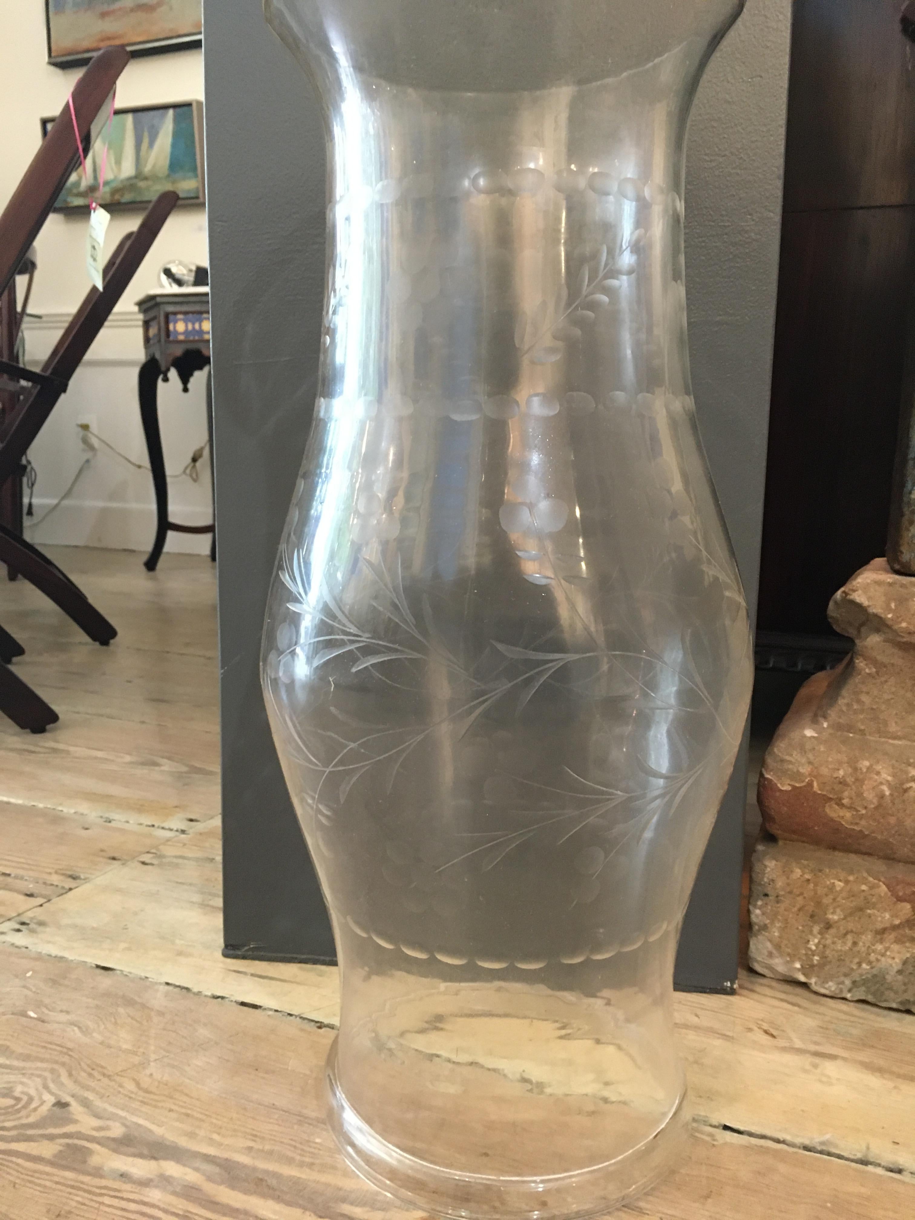 Pair of Hand Blown Etched Hurricane Candle Lantern Shades In Good Condition In Nantucket, MA