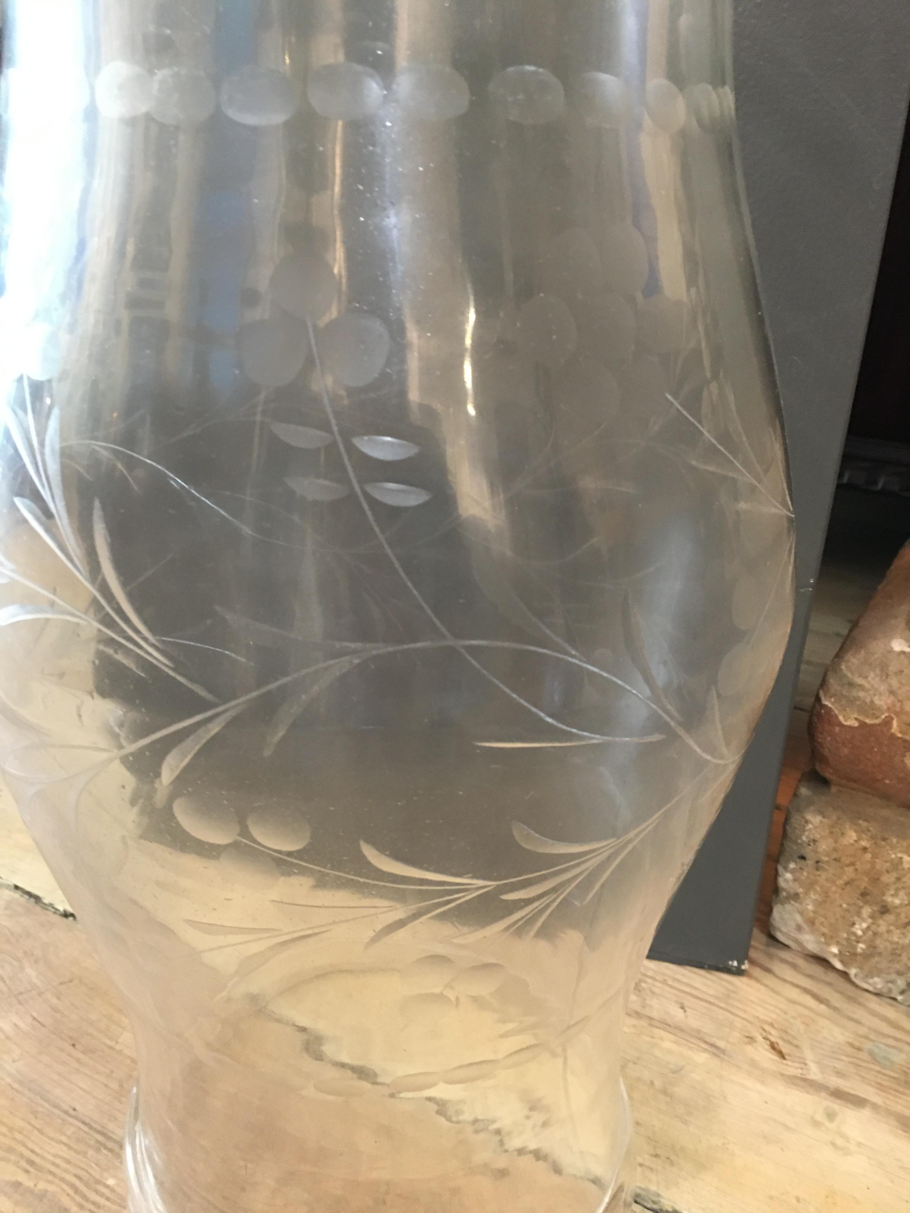 Pair of Hand Blown Etched Hurricane Candle Lantern Shades 2