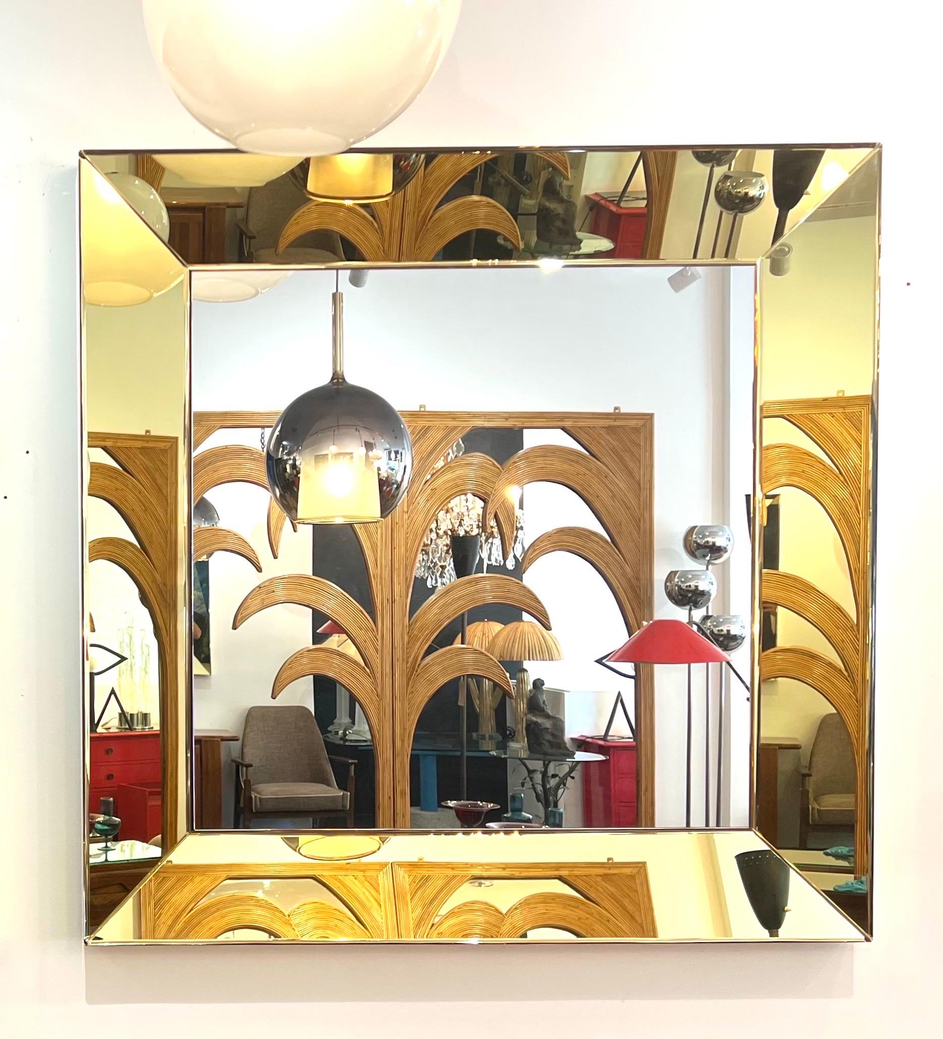 Beveled Pair of Hand Blown Giallo Vetro Square Mirrors For Sale